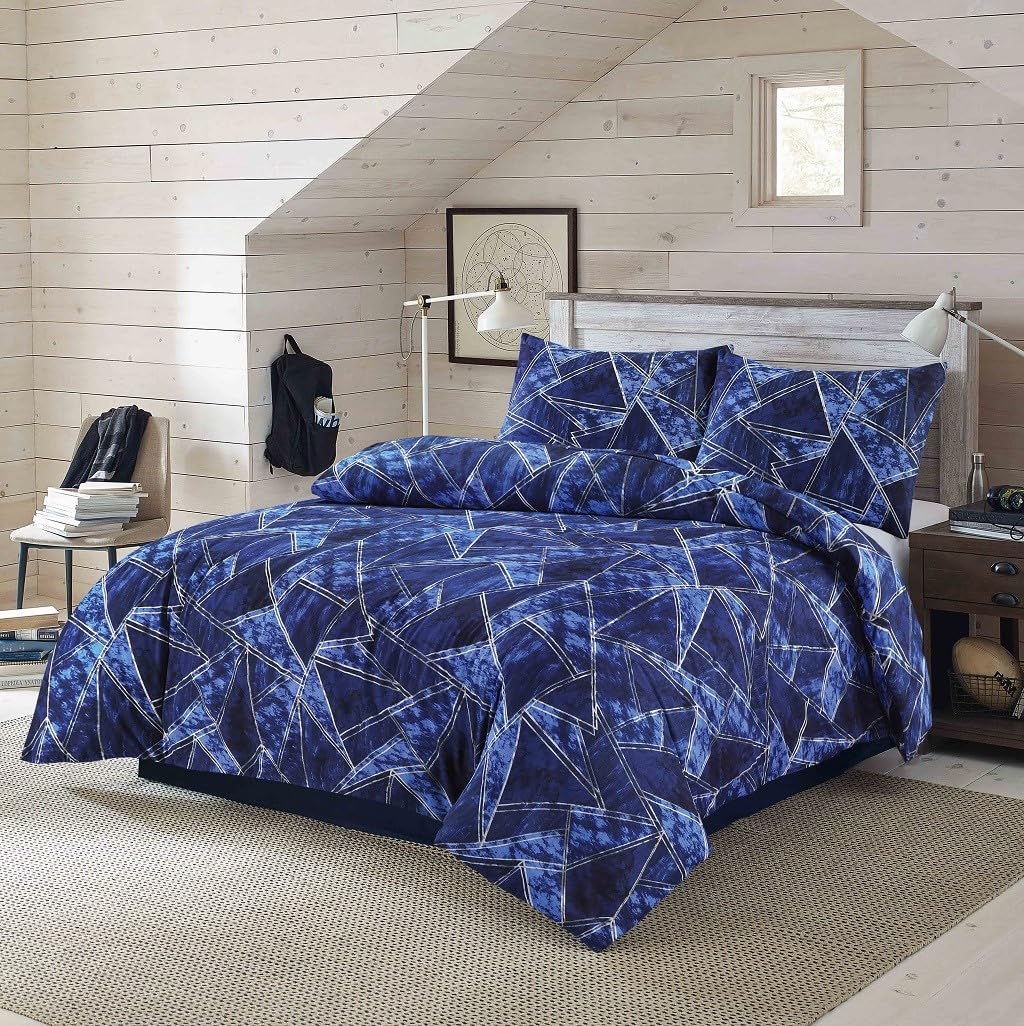 Milosc Luxury Printed Duvet Cover Set Easy Care Washable Bedding Set With Matching Pillow Cover New Home Gift Sets (Jaxon Navy, King (U.K. Standard))