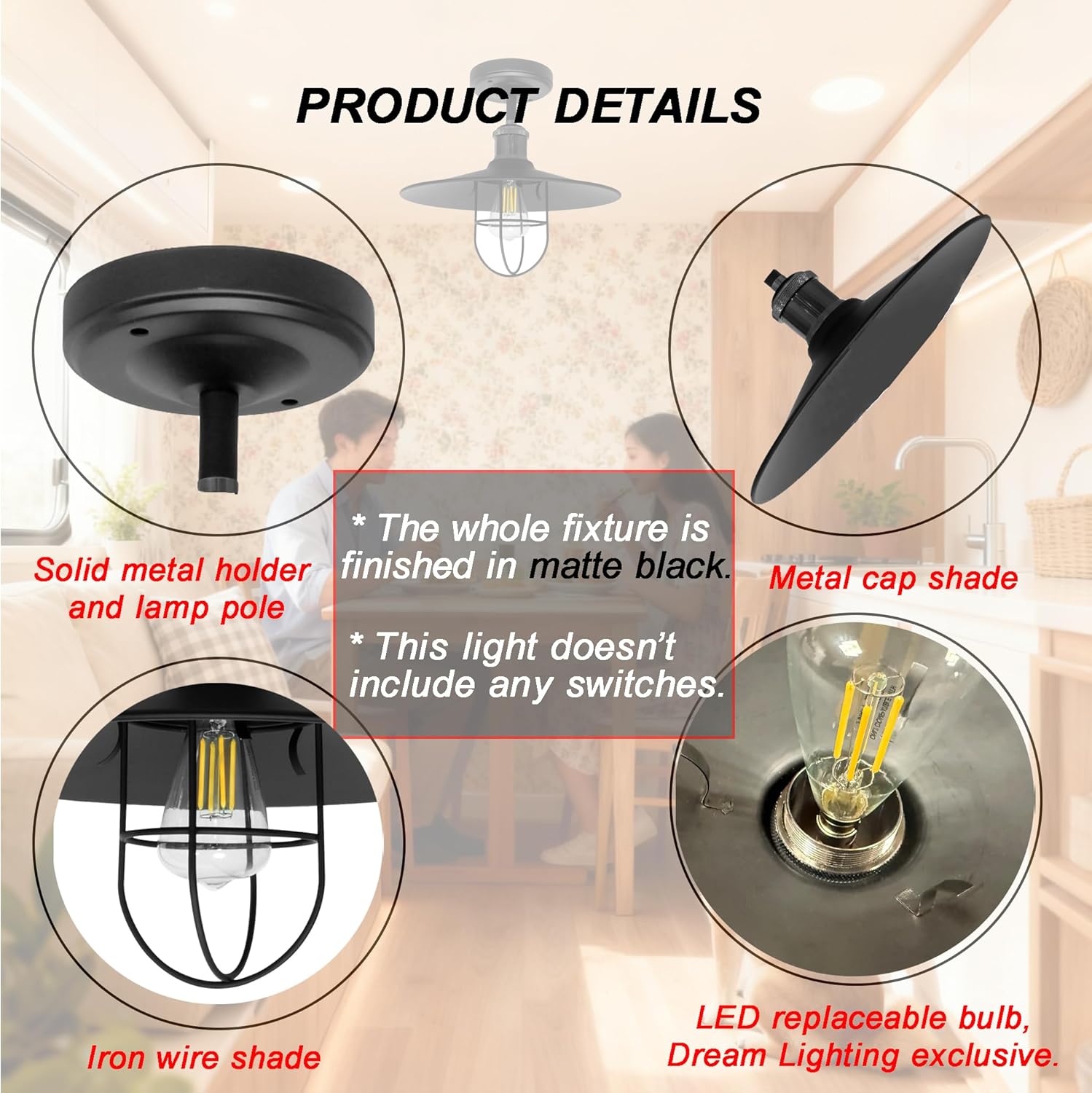 Dream lighting RV Interior Light, 12volt Dinette Ceiling Light Fixture with LED Edison Bulb for Camper Trailer Indoor Kitchen – Matte Black, 3W 150LM 3500K Soft White Lighting, No Switch