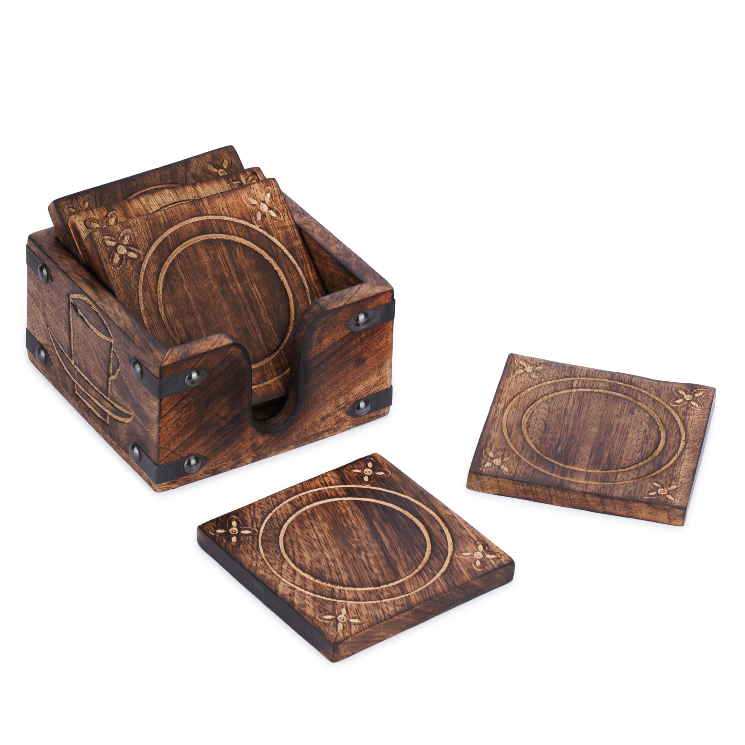 Wooden Drink Coasters with Holder Set - Rustic Charm -6 Wooden Drink Coasters with Holder Set - Rustic Charm -6