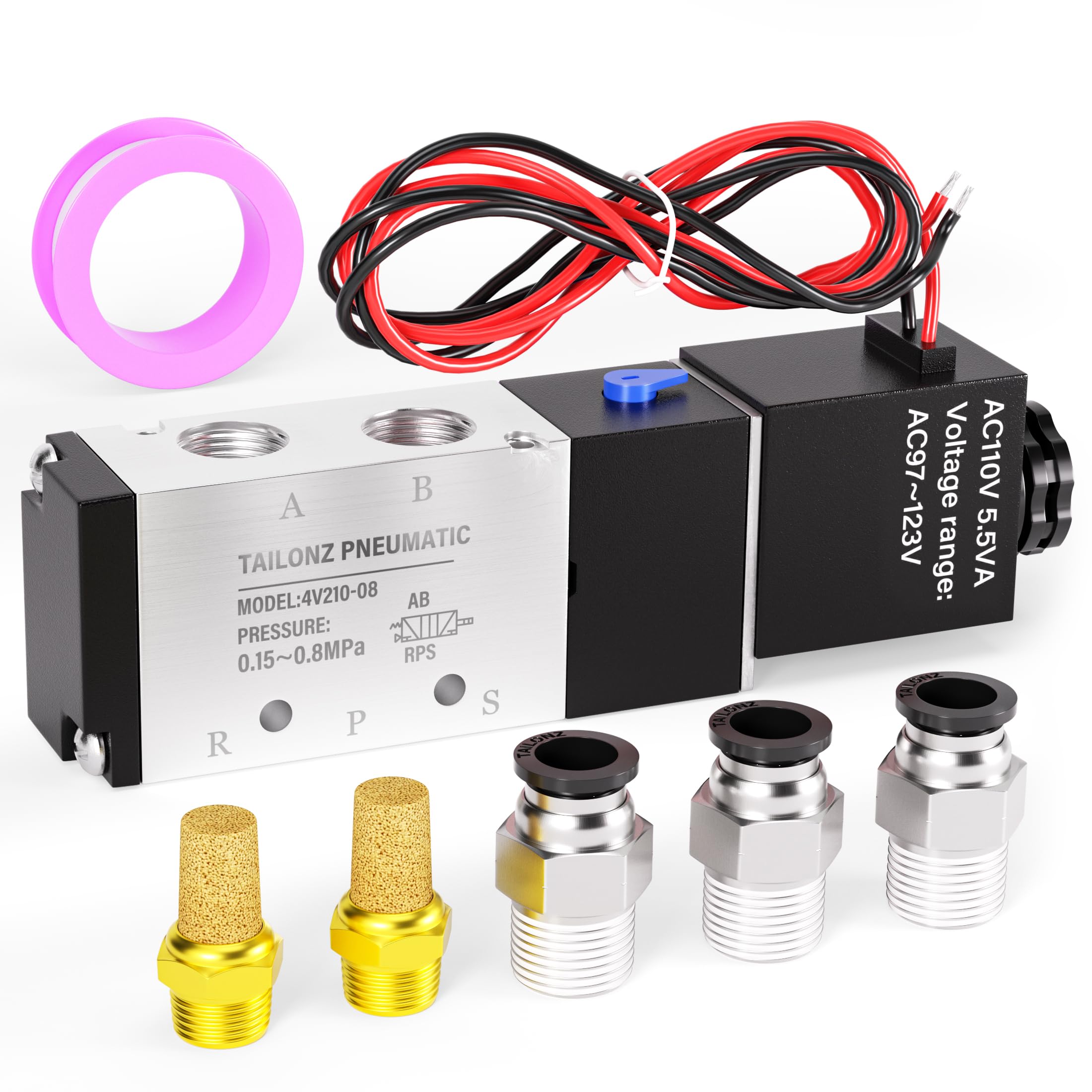 TAILONZ 1/4"NPT AC110V Solenoid Valve 2Position 5Way Outlet wire 4V210-08