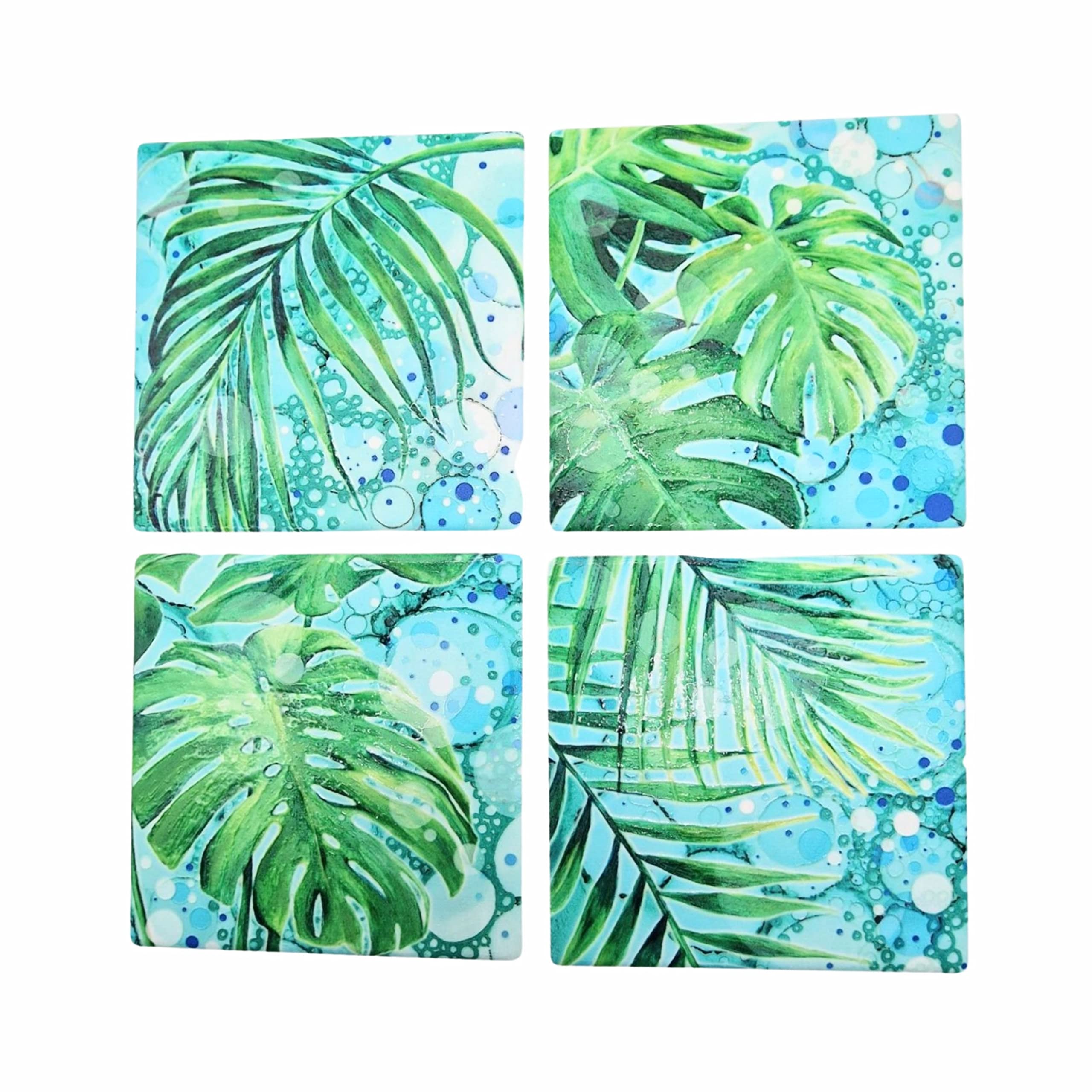 By Jo Crafts, Cheese plant, palm leaves Ceramic Coasters, Boxed set of 4 different designs