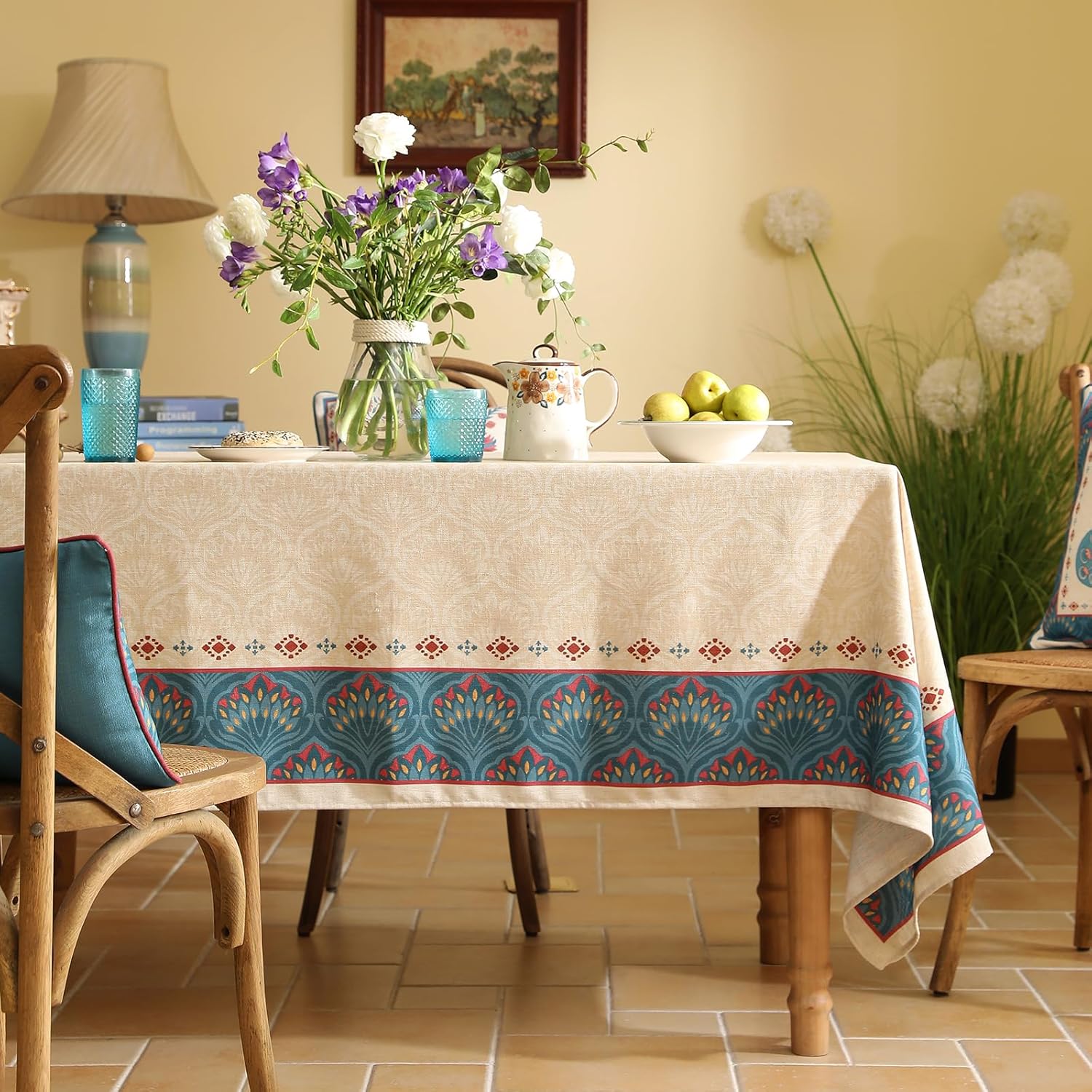 Vintage Beige Linen Extra Long Rectangle Tablecloth,Paisley Farmhouse Feather Pattern Table Cloth,Decor Table Cover for Kitchen,Dining,Thanksgiving,Christmas,63"*110"-Dorodango F - Image 2