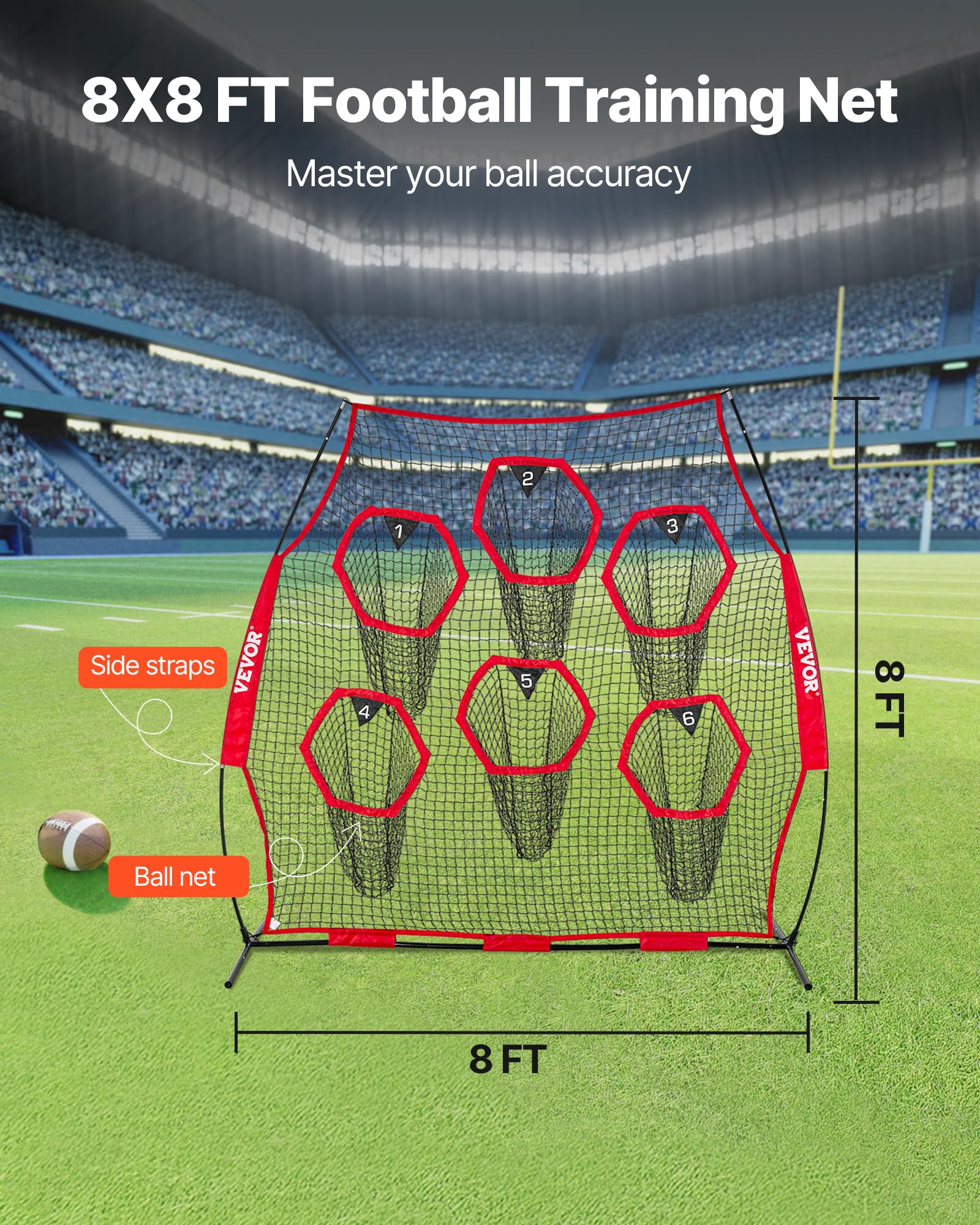 VEVOR Filet d'entraînement pour football 274 x 243 cm, filet de lancer de rugby avec 6 poches pour cibles, sans nœuds, sangles et étui de transport inclus, pour améliorer la précision de lancer, rouge