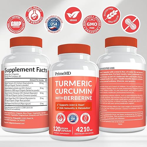 Miniatura 8 de Suplemento orgánico de curcumina de cúrcuma 5 en 1 (4210 mg) con berberina, canela de Ceilán bioperina y jengibre suplementos para apoyo articular,