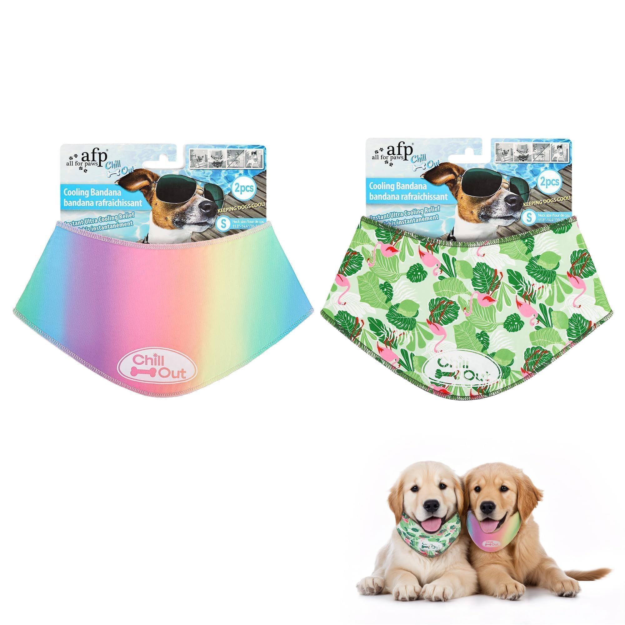 ALL FOR PAWS 2-Pack Cooling Bandana for Dogs, Dog Cooling Collar & Neck Wrap, Ice Dog Bandanas for Small Dogs, Blue Chill Out Cooling Collar (S, Neck Girth 11.8–14.4 Inch)