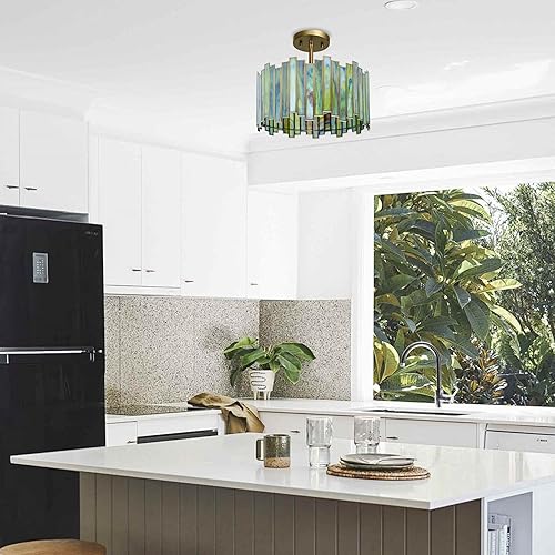 Miniatura 6 de Lámpara de techo de latón antiguo en forma de tambor, lámpara Tiffany semiempotrada de 12.5 pulgadas con vidrio verde Mable, iluminación colgante de