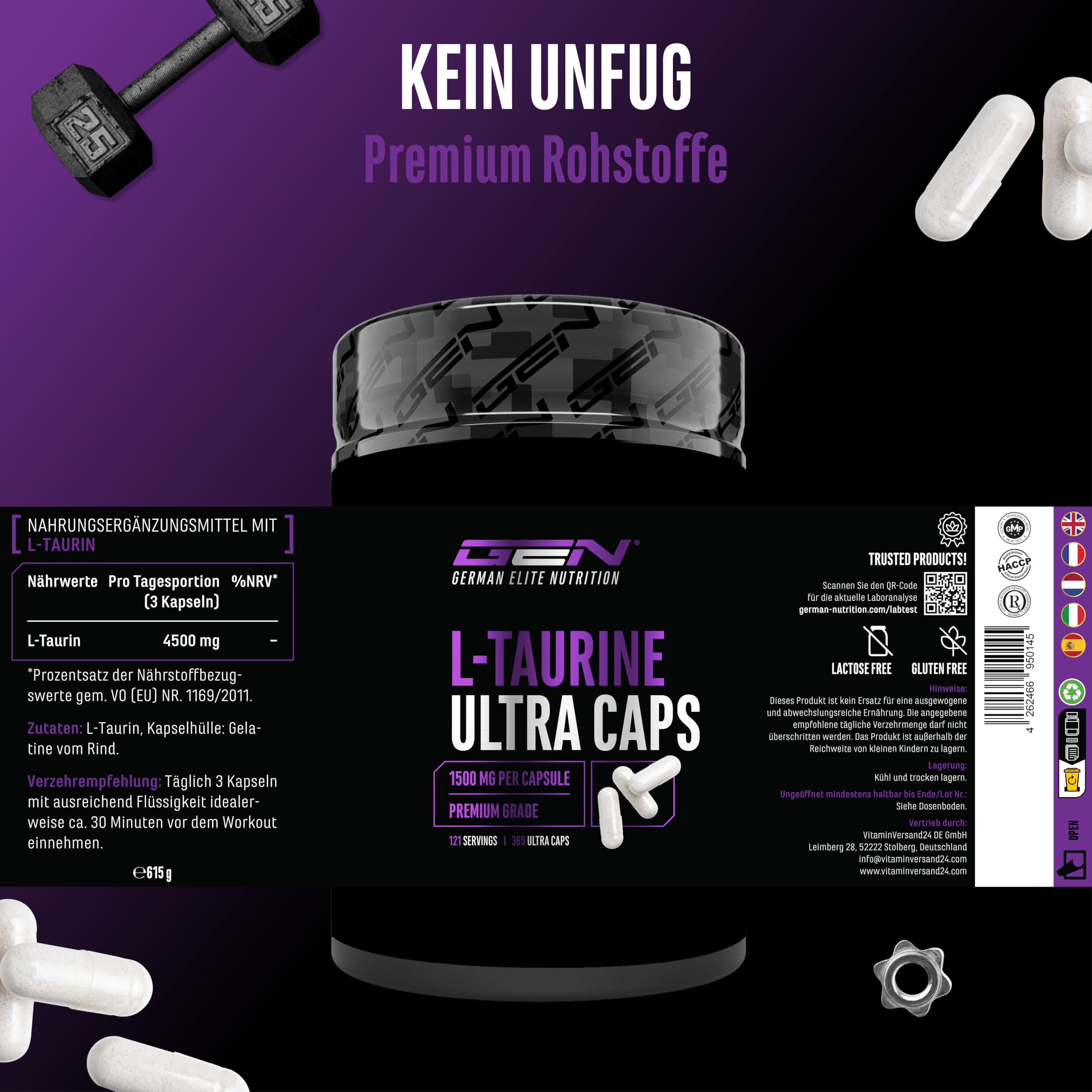 L-Taurin Ultra Caps - 365 Kapseln - Extra hochdosiert mit 1500 mg je Kapsel - Taurin Aminosäure mit 99% Reinheit - Ohne unerwünschte Zusätze