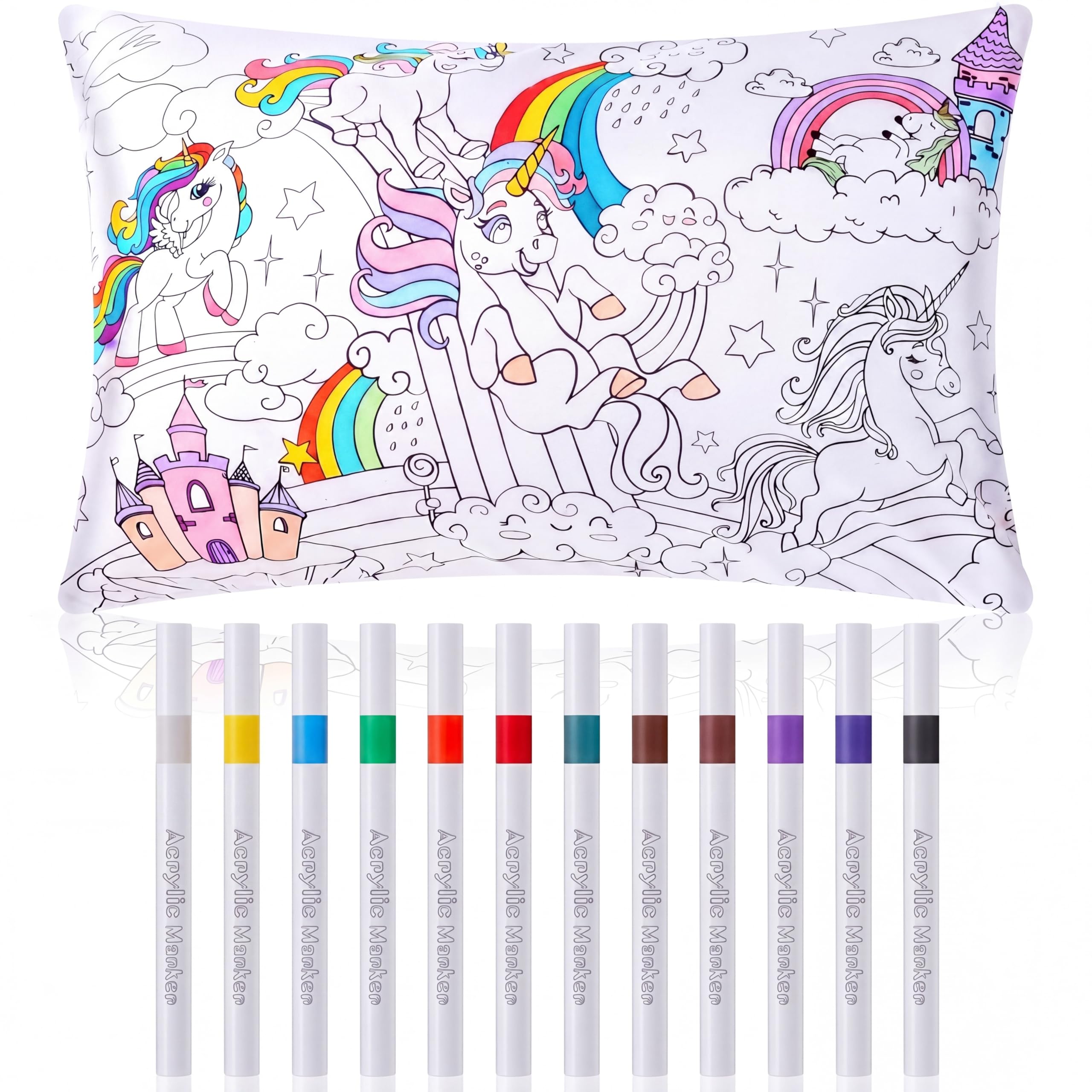 Mindsoft Coloring Craft Coloring Pillowcase Unicorn Pillowcase with 12 Pcs Markers Pens for Decoration Supplies Craft, 28.7 x 19.7 Inch