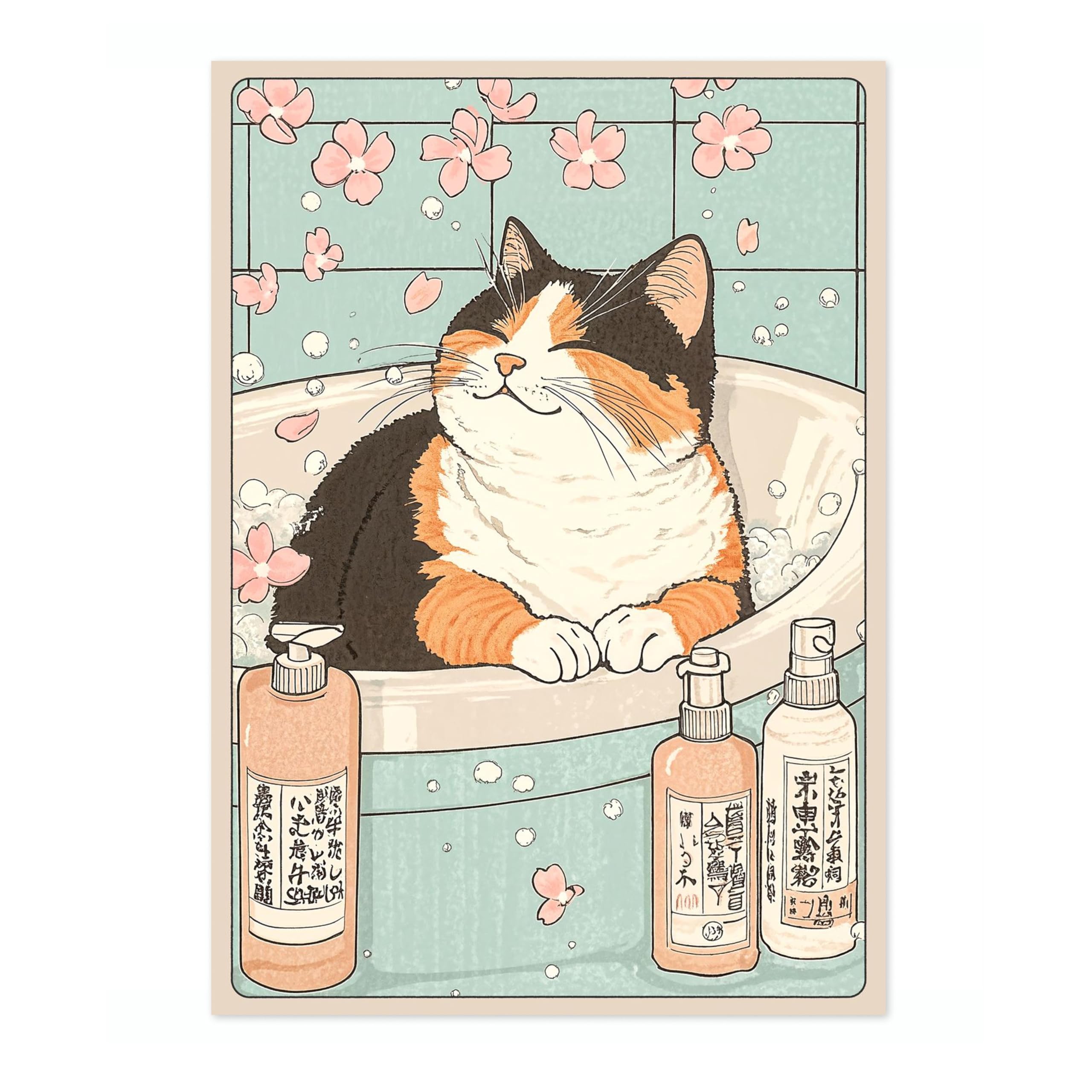 Cat Bathtime Anime Woodblock Poster Modern Woodblock Print, Cartoon Manga Kitten Wall Art Decor, Modern Japanese, Cat Lovers, A4 (Print Only) - 29.7x21cm