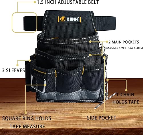 Miniatura 8 de KUNN Cinturón de herramientas para electricistas - Resistente y pequeño cinturón de herramientas básico para mantenimiento con bolsillos y clip de