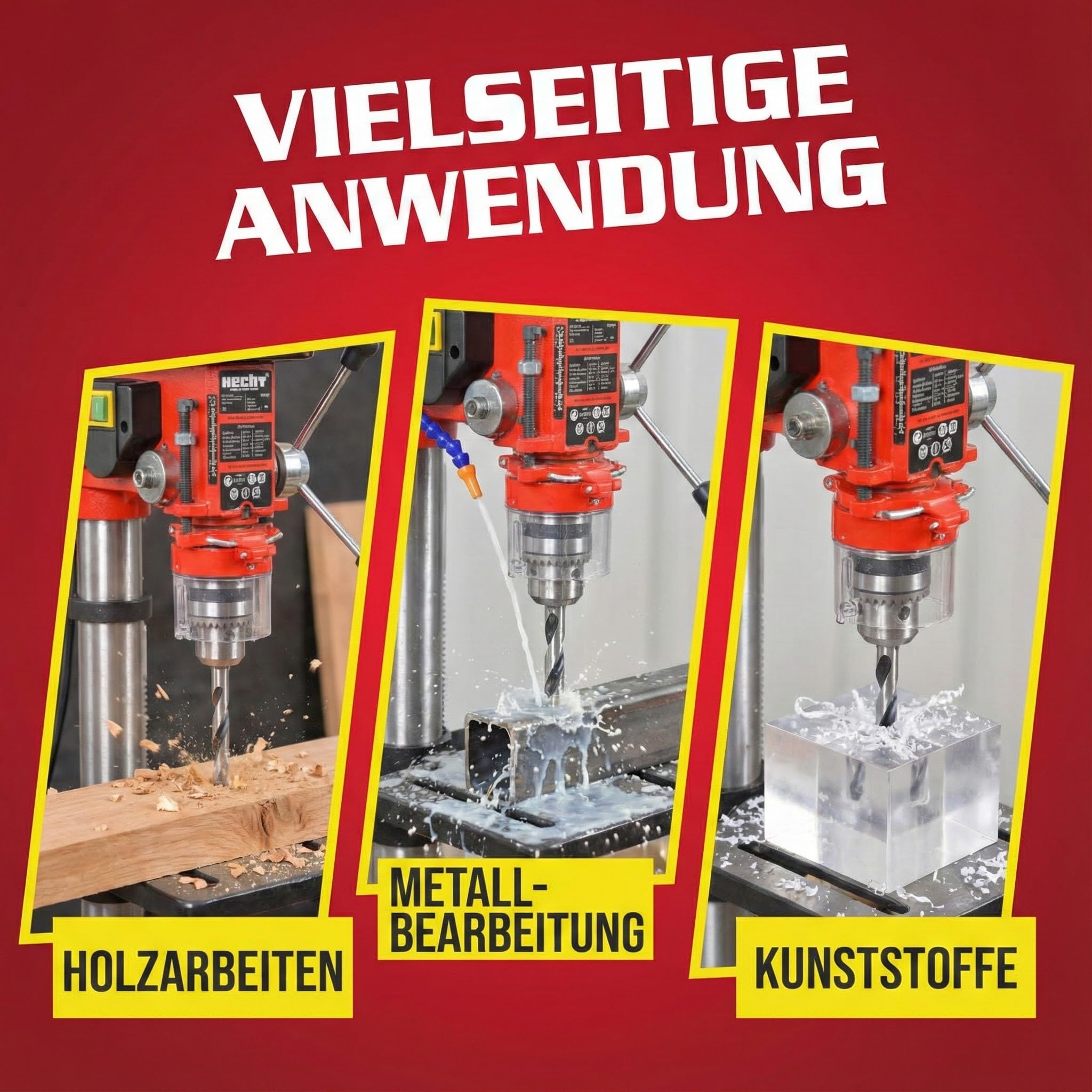 Hecht Profi Standbohrmaschine mit starken 600 Watt – 12-stufige Drehzahlregelung, schwenkbar- und höhenverstellbarer Bohr-tisch – Späneschutz - Praktische Säulenbohrmaschine, Tischbohrmaschine