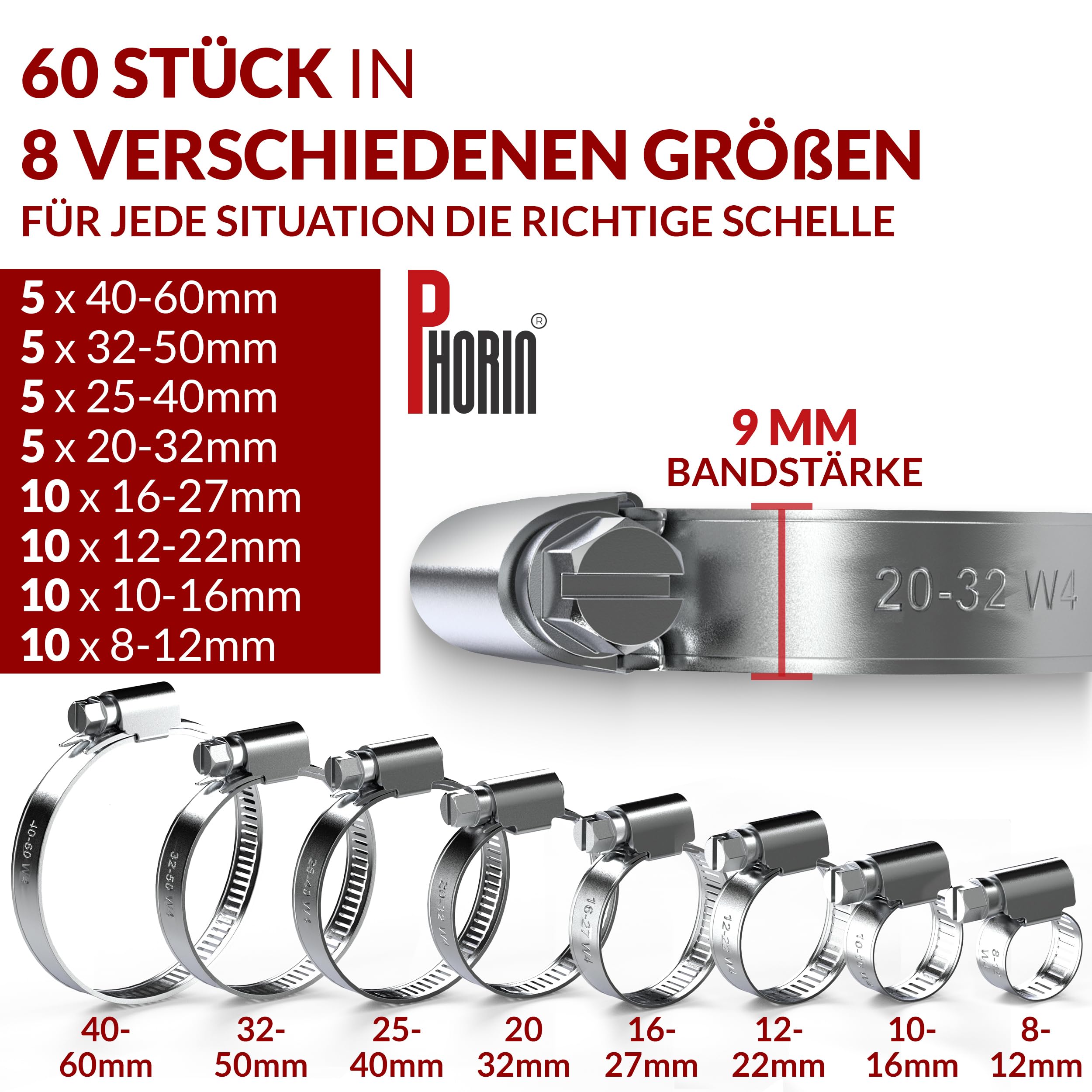 Phorin® Set di 60 fascette stringitubo, 8 misure da 8 a 60 mm, fascette stringitubo extra forti e morsetti per tubi W4 V2A in acciaio inox 304, ideali per auto, casa, giardino e molto altro ancora