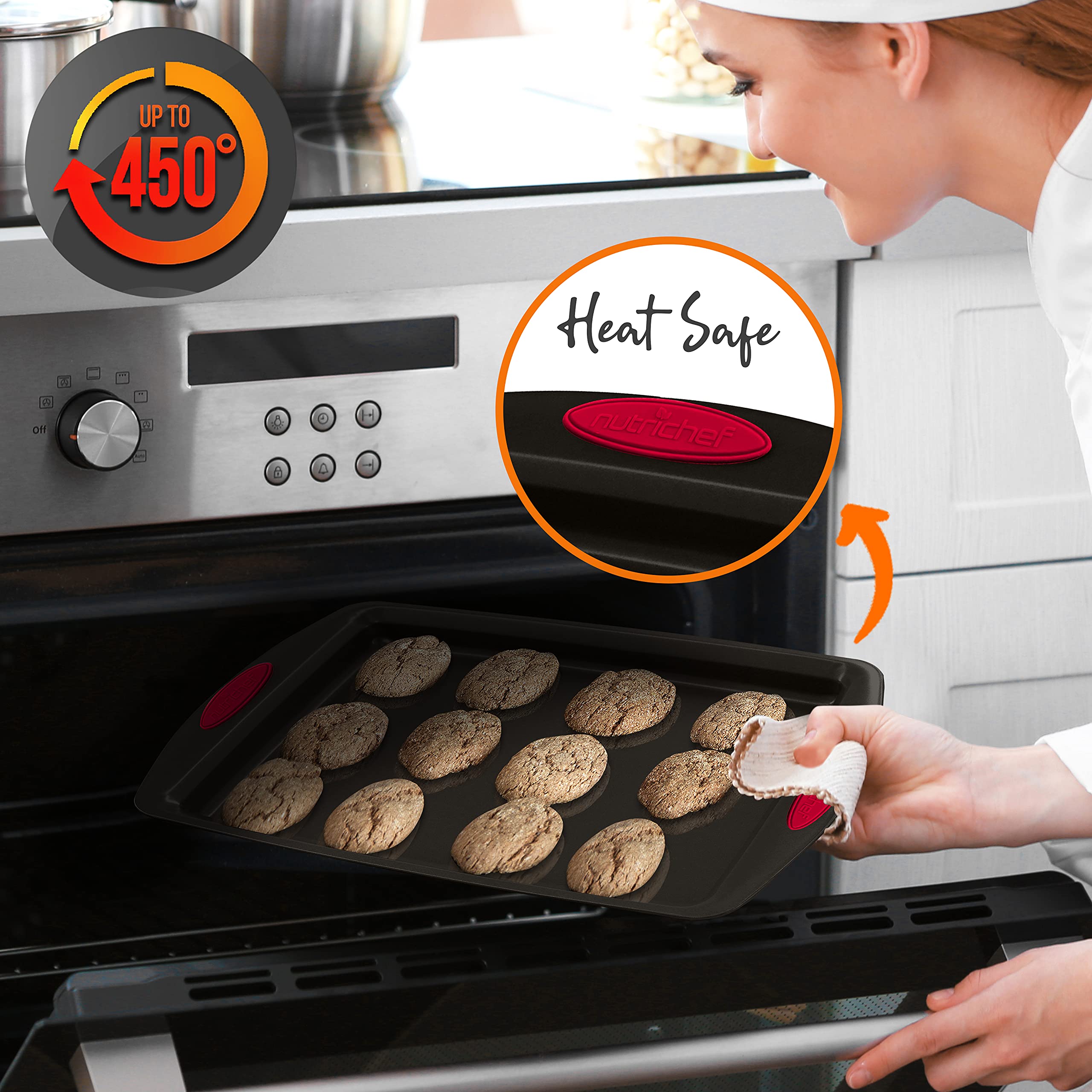 NutriChef Juego de 2 moldes para hornear, sin PFOA, PFOS, PTFE, flexible, antiadherente, revestimiento negro, acero al carbono, bandeja apilable profesional para el hogar, cocina, hornear, bandeja