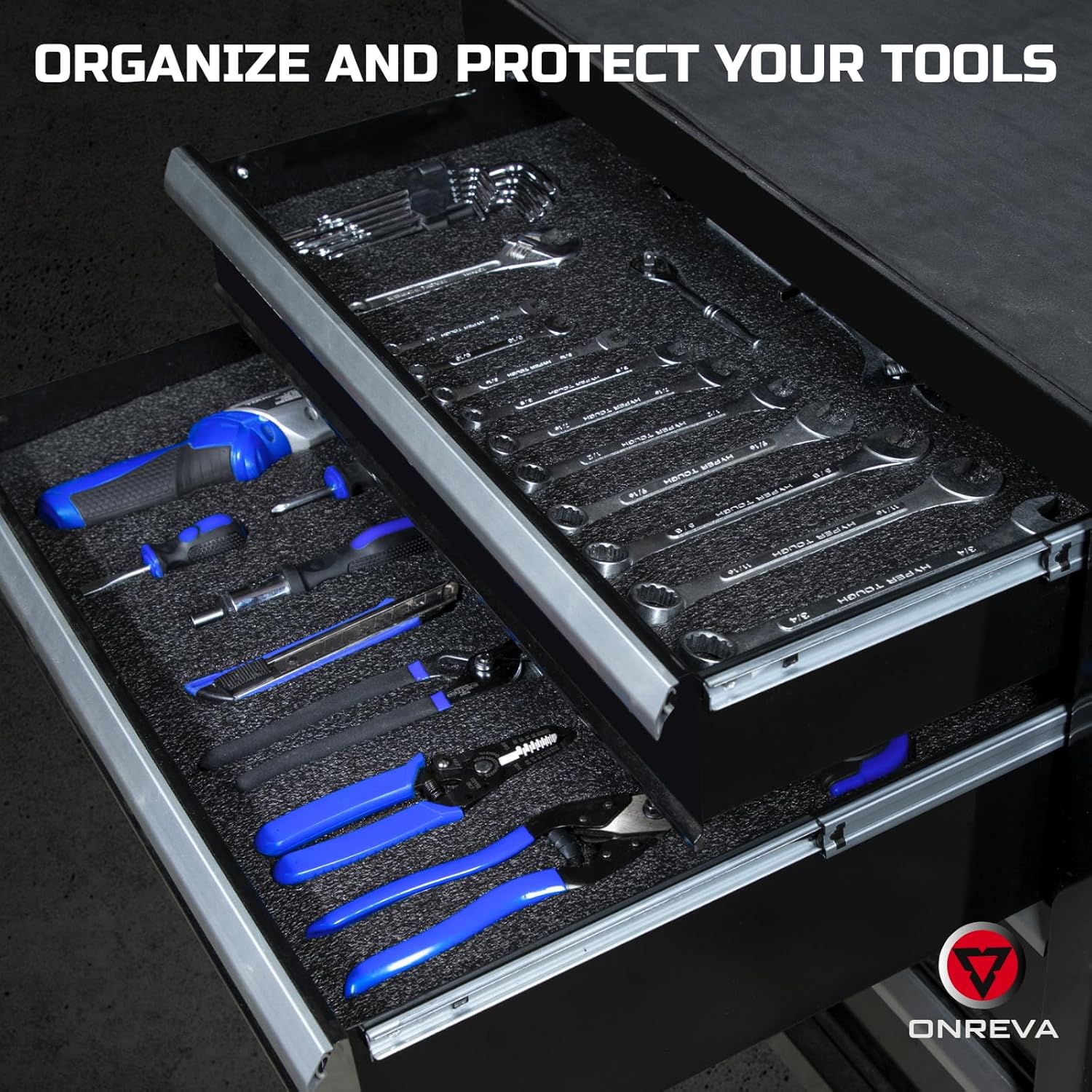 ONREVA Tool Box Foam 22x18x1 inch 4Pack, Foam Inserts for Cases, Polyethylene Storage Sheets for Toolbox Hard Case, Tool Shadow Insert, Kaizen Organizer Sheet, Black with Blue