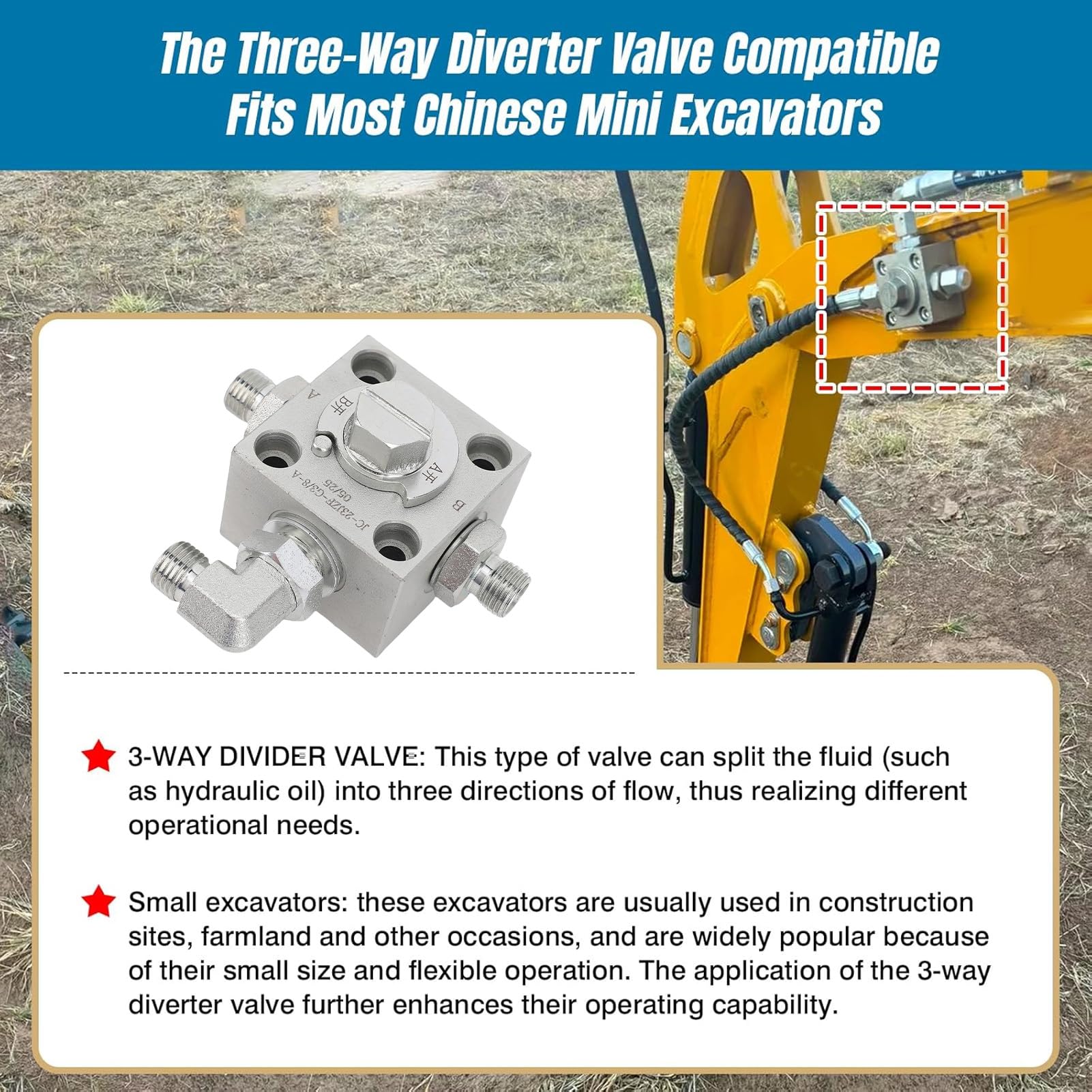 Fabater Válvula de Desviación de 3 Vías para Mini Excavador, Válvula de Desvío Hidráulico de 2 PC, de Control Direccional de Tres de Tres Vías de Excavadoras