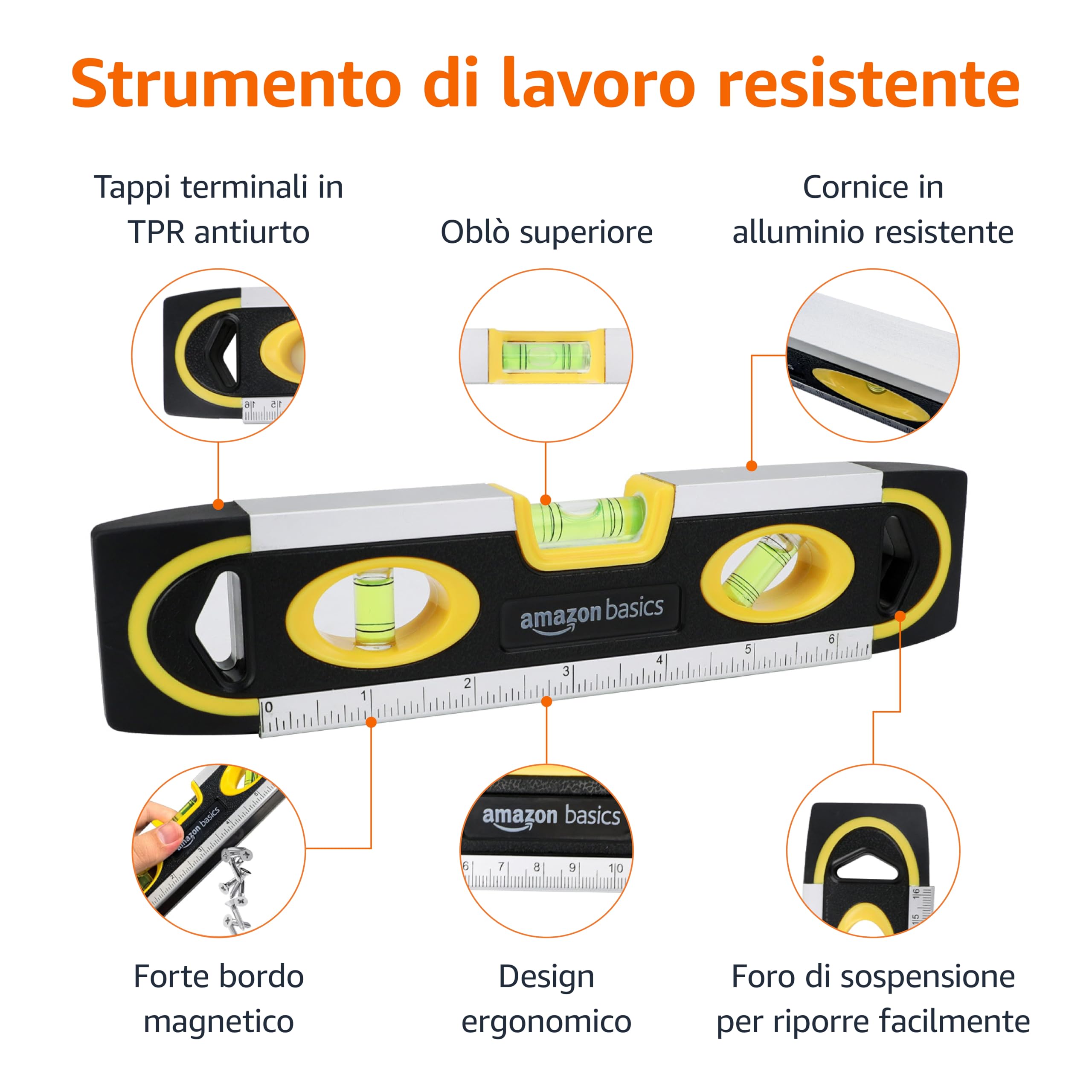 Amazon Basics livella torpedo magnetica e righello da 22.8 cm, a piombo/livella/bolla a 180, 90, 45 gradi, Nero, Giallo