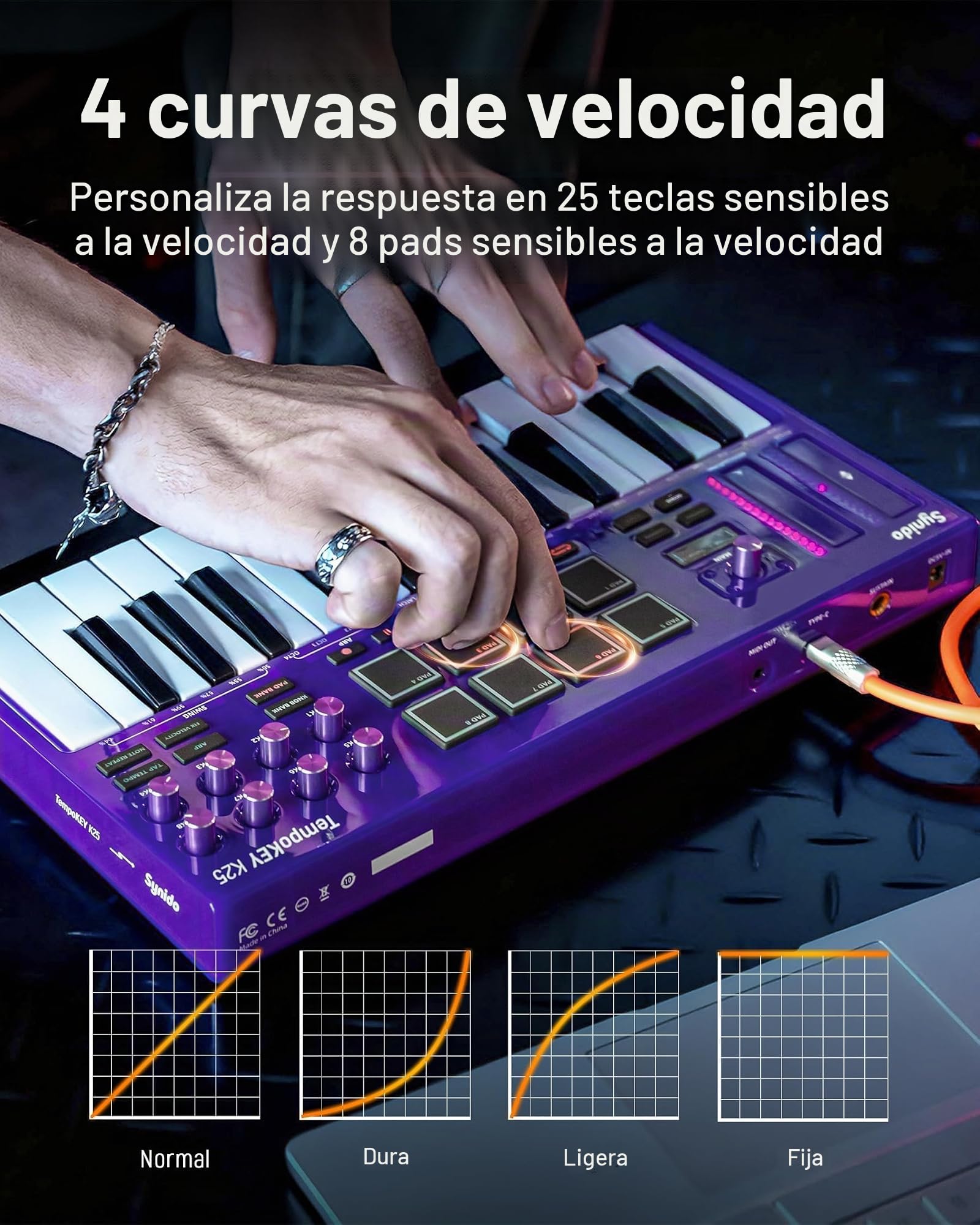 Synido Controlador de teclado MIDI Beat Maker, teclado MIDI de 25 teclas con almohadillas de batería, bolsa de transporte, pantalla OLED, teclado MIDI TempoKEY K25 USB-C con almohadilla de ritmo para