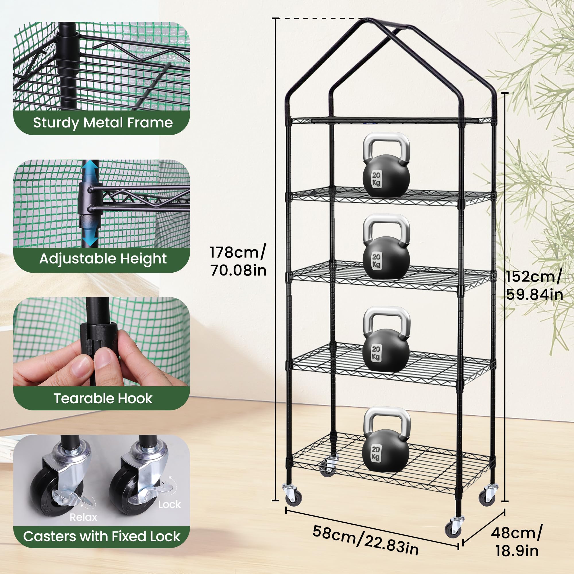 DazSpirit Mini-Gewächshaus für den Innenbereich, mit Wachstumslichtern, 4-stöckiger Pflanzenständer mit PVC-Abdeckung, verstellbaren Regalen und Thermohygrometer für Samenstart und Pflanzenwachstum