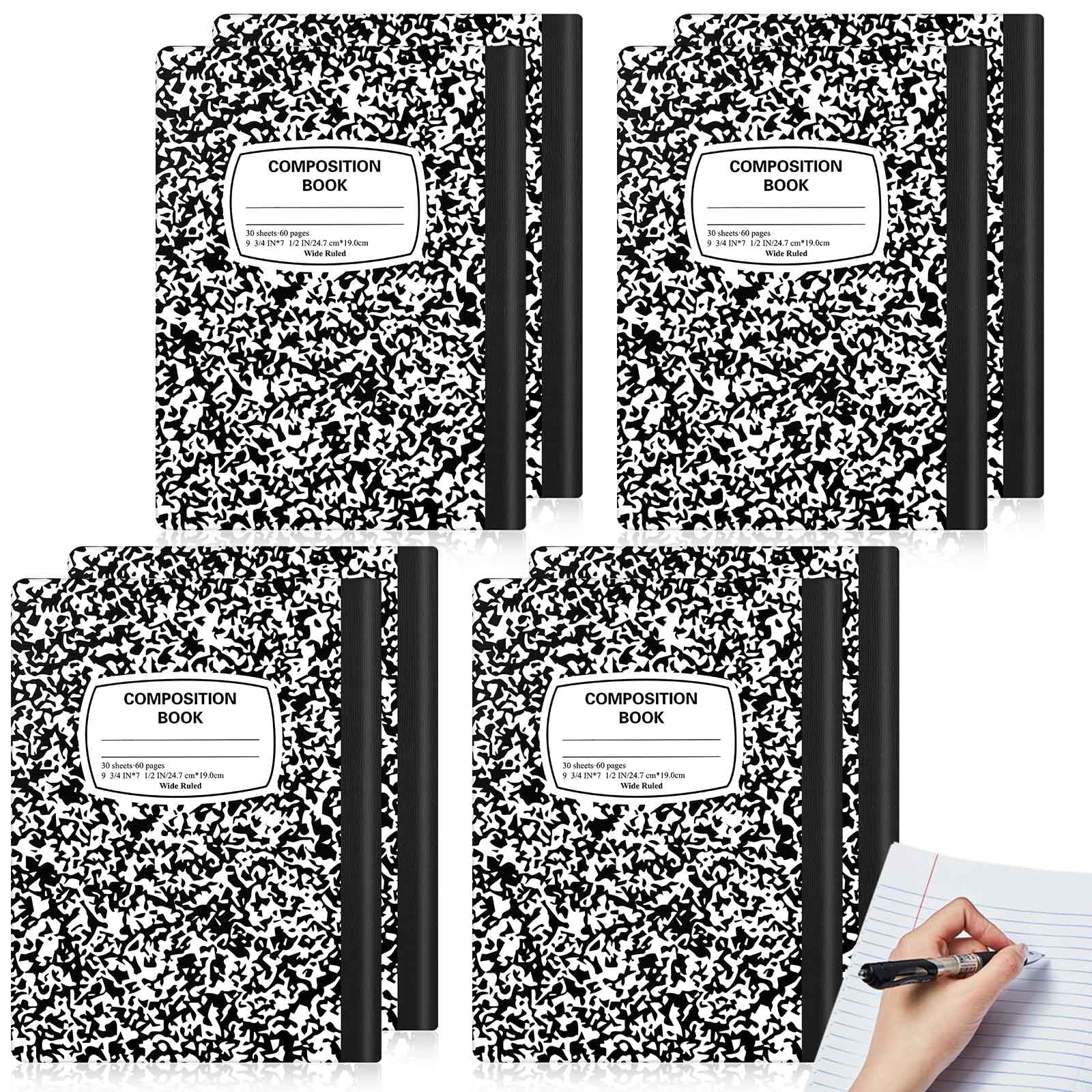 Lewtemi 8 quaderni per composizione mancini a righe larghe 24 x 19 cm, per mancini, scrittori e studenti, copertina in marmo bianco e nero