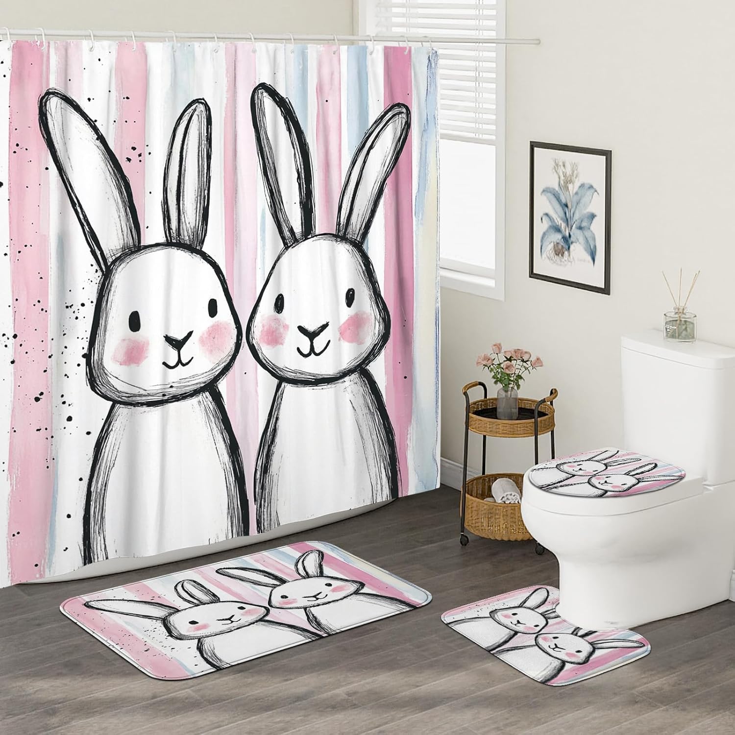 4PCS Cute Cartoon Rabbit Bathroom Accessory Sets with Non-Slip Rug, U Shape and Toilet Lid Cover Mat, Funny Fun Cool Stripes Kid Bathroom Fabric Decor-72''x72''