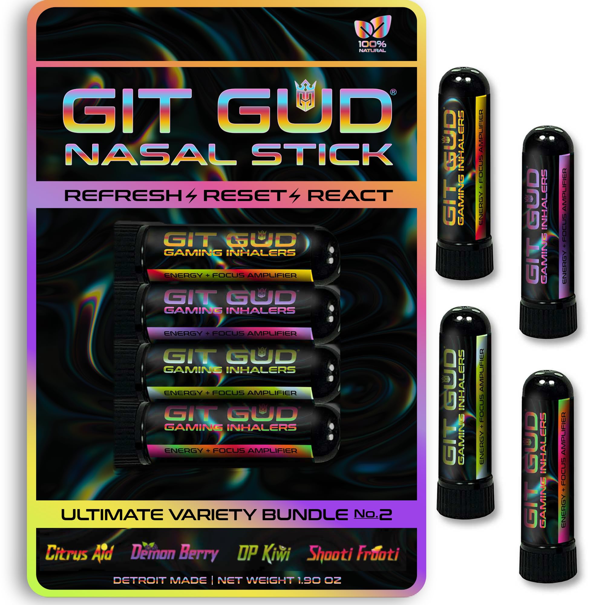 GIT GUDRefreshing Aroma Stick (4 Pack) | Powerful Aromatherapy | Essential Oil Peppermint Mint Blend | Ultimate Variety No. 2 | Citrus, Berry, Kiwi, Fruit