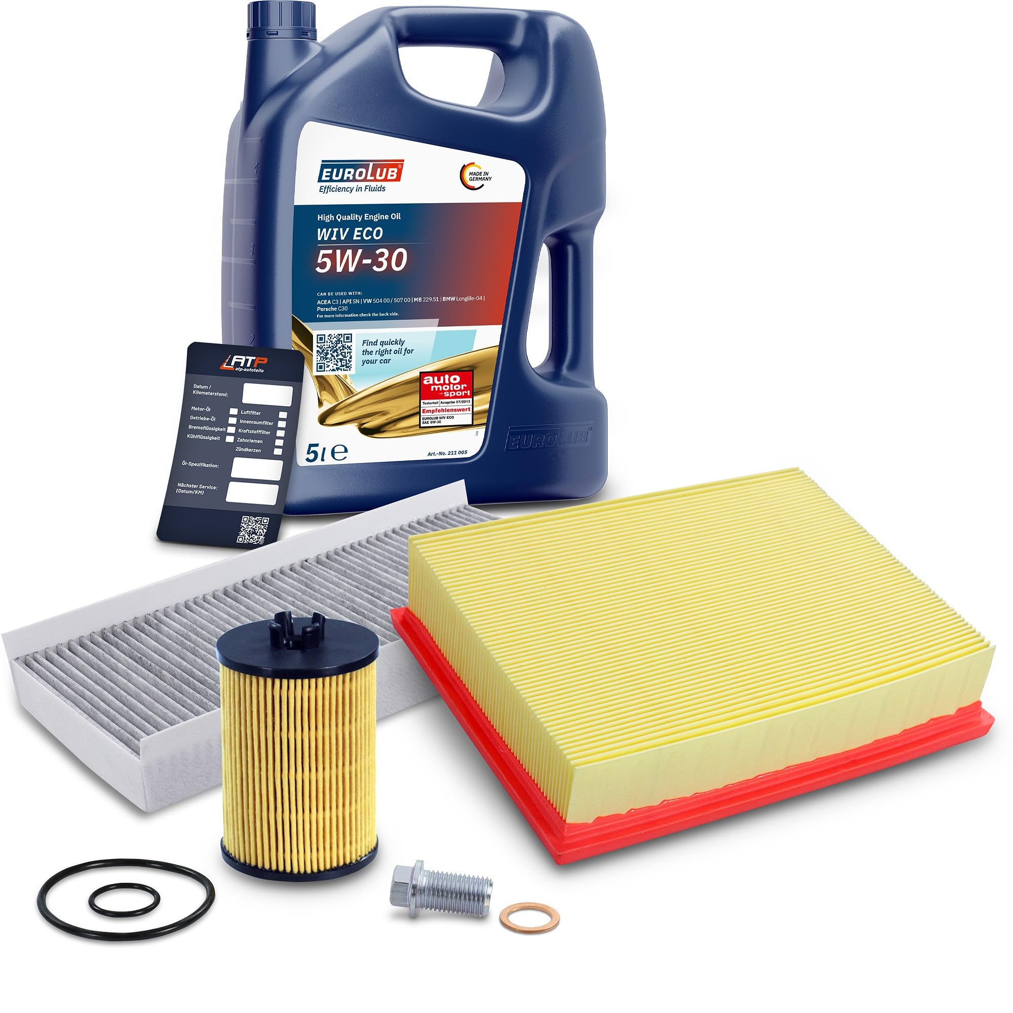 BESTPRICE Inspektionspaket Filterset mit 1x Ölfilter, 1x Luftfilter, 1x Innenraumfilter, 1x Ölablassschraube, 1x Motoröl 5W-30 WIV ECO SAE 5 l, KOMPATIBEL MIT - MERCEDES A-Klasse, B-Klasse