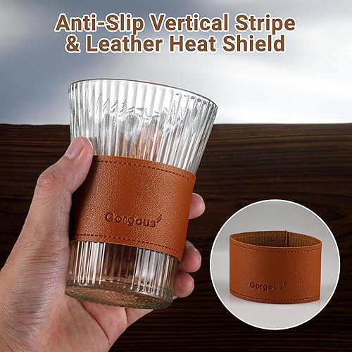 Miniatura 4 de Juego de 8 tazas de café de vidrio de 8 onzas con cuero, a rayas verticales, tazas de café de vidrio transparente, tazas de té para bebidas
