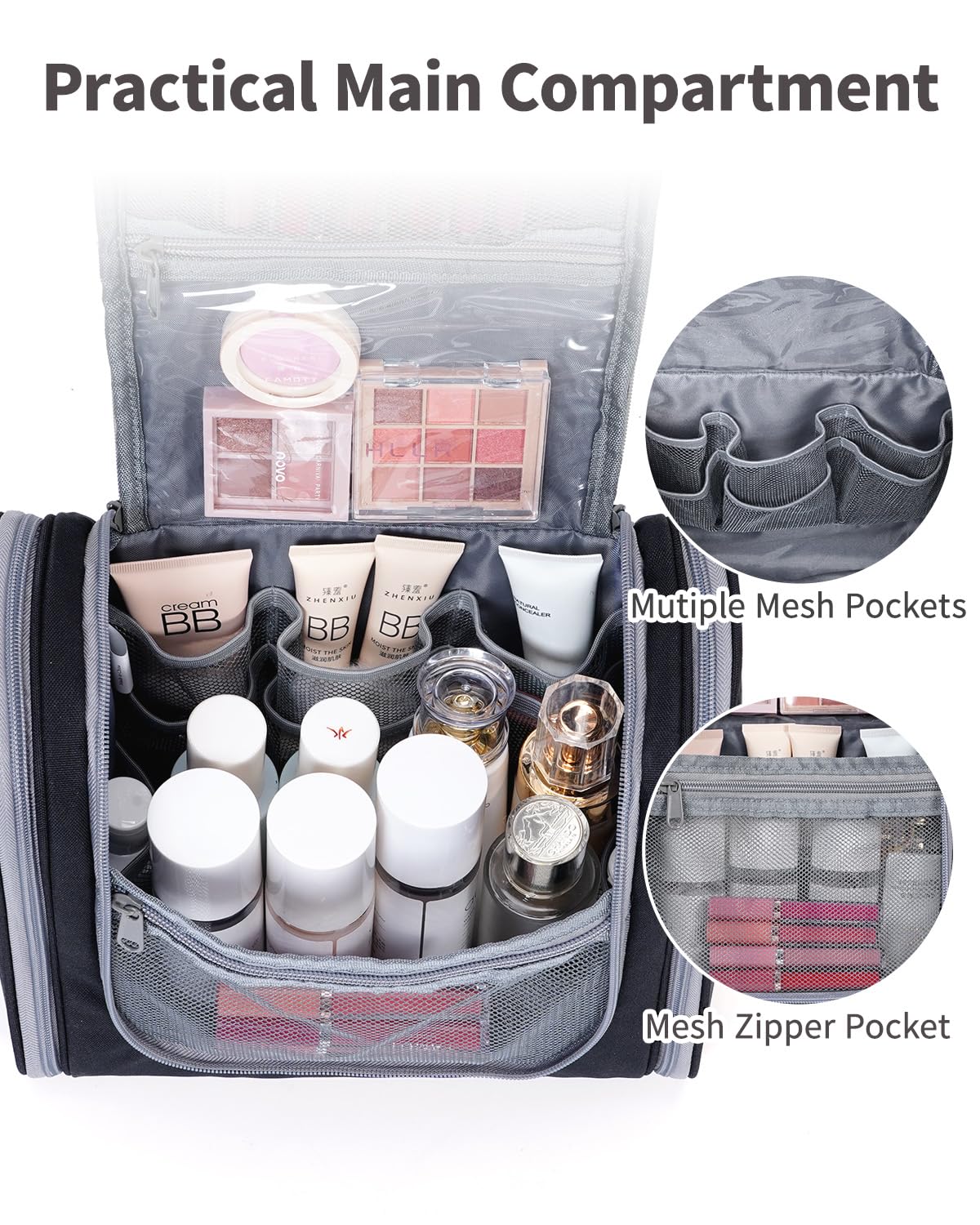 Narwey Neceser Mujer Bolsa de Aseo Colgante, Organizador de Maquillaje Neceser Viaje para Hombre y Mujer Accesorios de Viaje (Negro(Grande)) — view 3