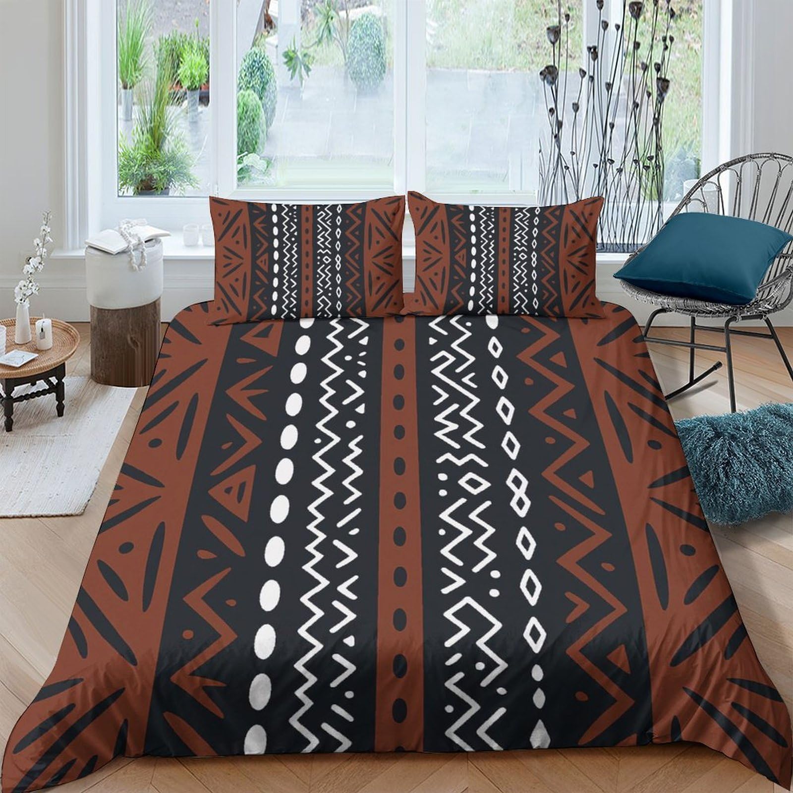 GPLZQXKJNH 3D Printed Tribal Mudcloth Duvet Cover Microfiber Soft Brown Black African Geometric Bedding Set with 2 Pillowcases for Bedroom Home Single（135x200cm）