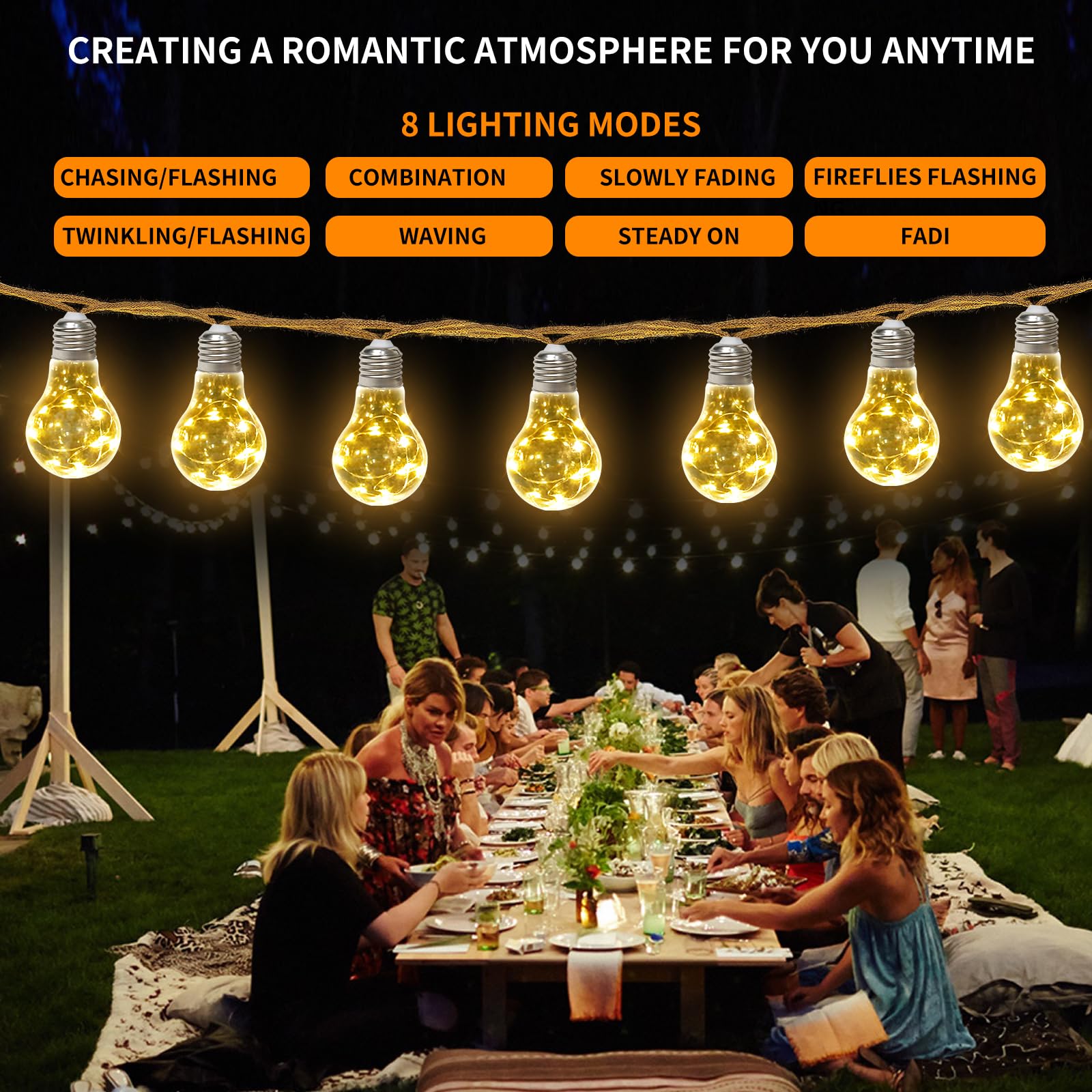 Catena Luminosa Esterno Solare A60 20-Lampadine 200Leds 12,5M Luci da Esterno con Corda di Canapa 8 Modalità con Telecomando IP65 Impermeabile Bianco Cald Lampada Solare da Esterno Catena Luci Esterno