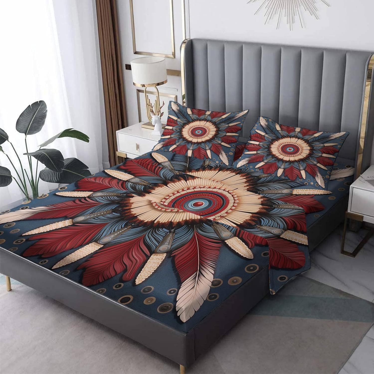 Twin Sheets Set - Feather Bed Sheets, Native American Bedding Sheets & Pillowcases, Soft Microfiber & Deep Pocket & Wrinkle Free Patterned Sheet Set, 1 Fitted Sheet, 1 Flat Sheet, 1 Pillow Case