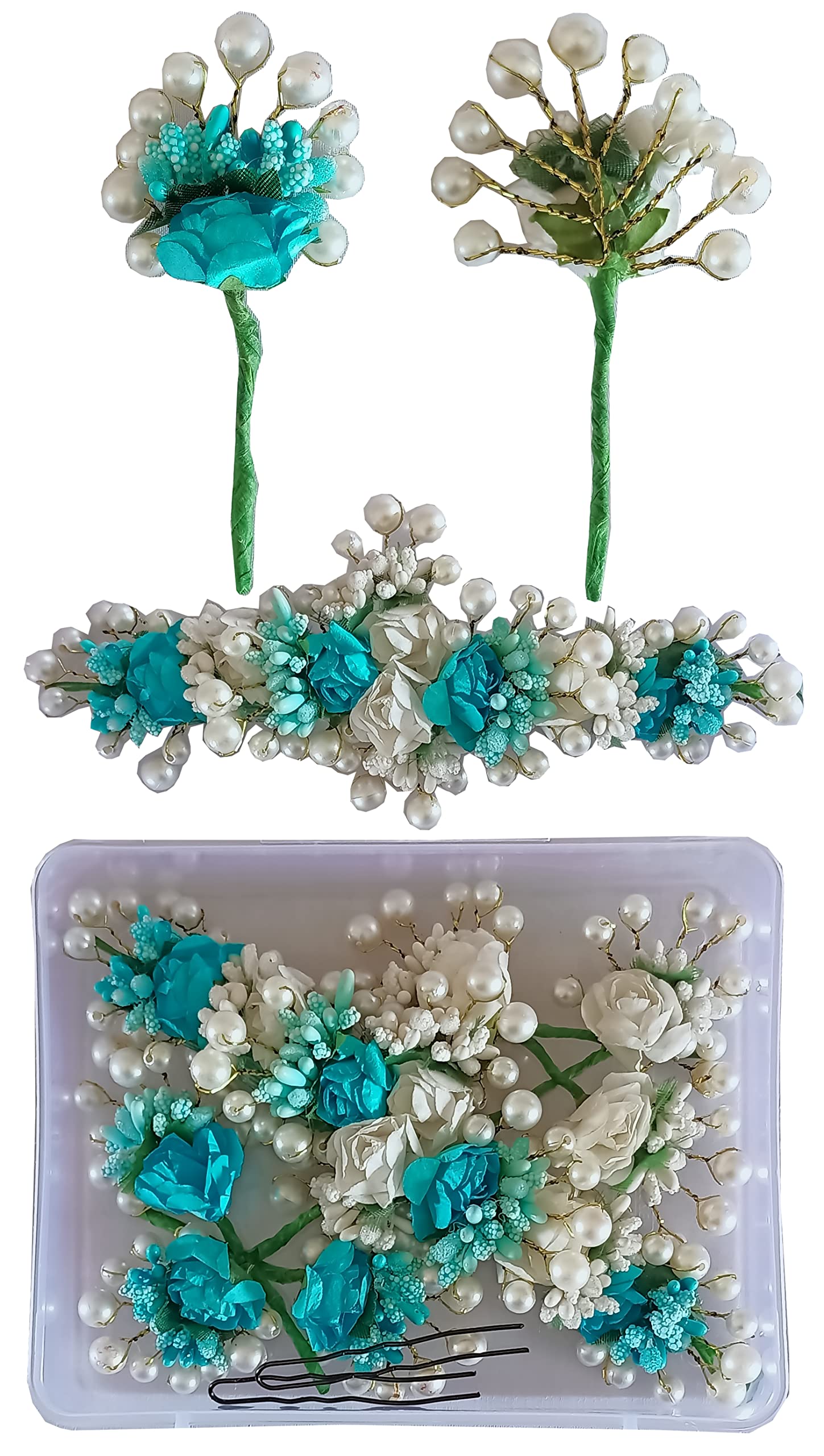 Floral Bridal White Pearls Hair Brooch Gajra Juda Veni Hairpins Accessory Set for Girls Women Bridal Wedding (Blue White) (B0BGJST4DX) Amazon Price History, Amazon Price Tracker