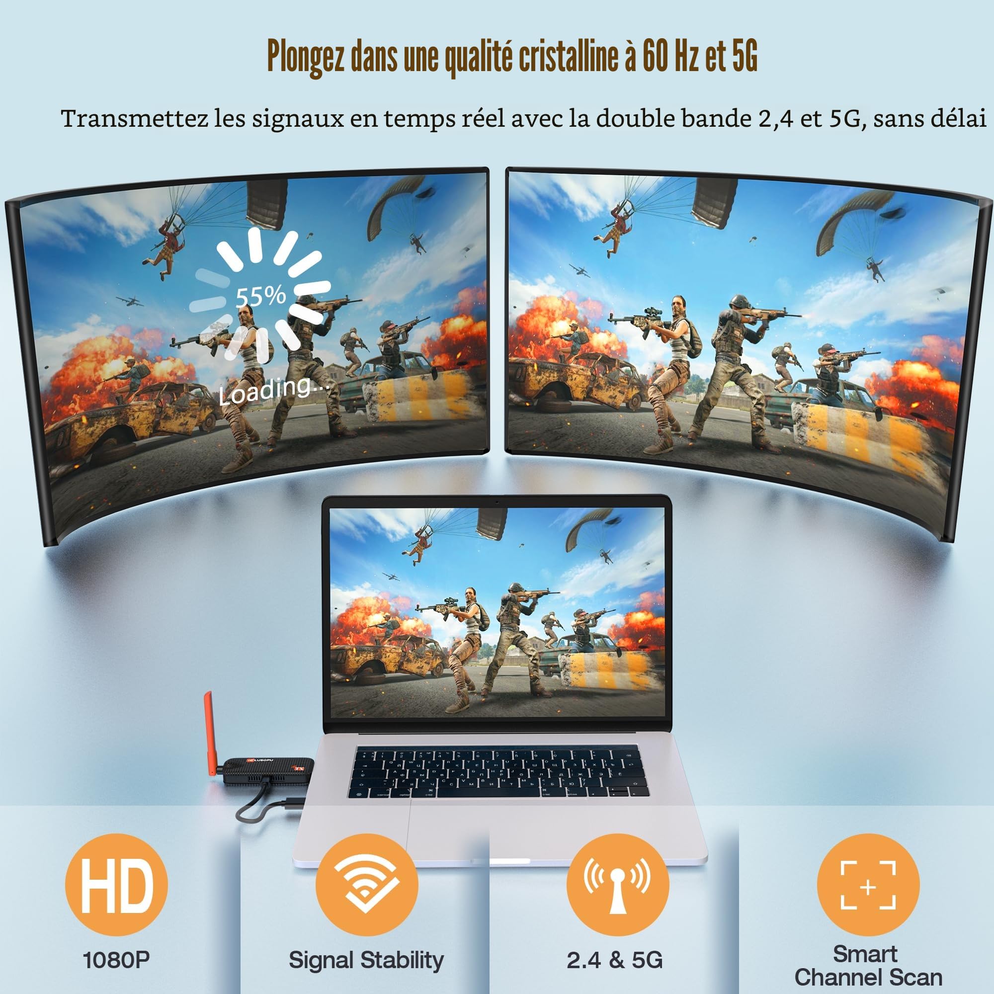 2026 Transmetteur HDMI sans Fil et 2 Récepteurs Jusqu'à 6 TV, 5G Plug & Play Visualisation Via APP, 1080P@60Hz avec 4K Streaming Vidéo pour Ordinateur Portable, Caméra, Moniteur, Projecteur - 50M