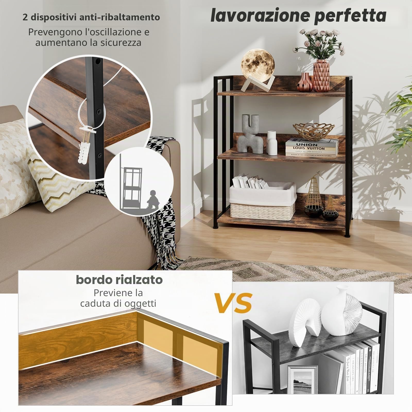 FANTASK Scaffale portaoggetti con telaio in metallo e ripiani regolabili, scaffale a 3 ripiani, libreria per studio, soggiorno e cucina, 70 x 35 x 81 cm (marrone rustico)