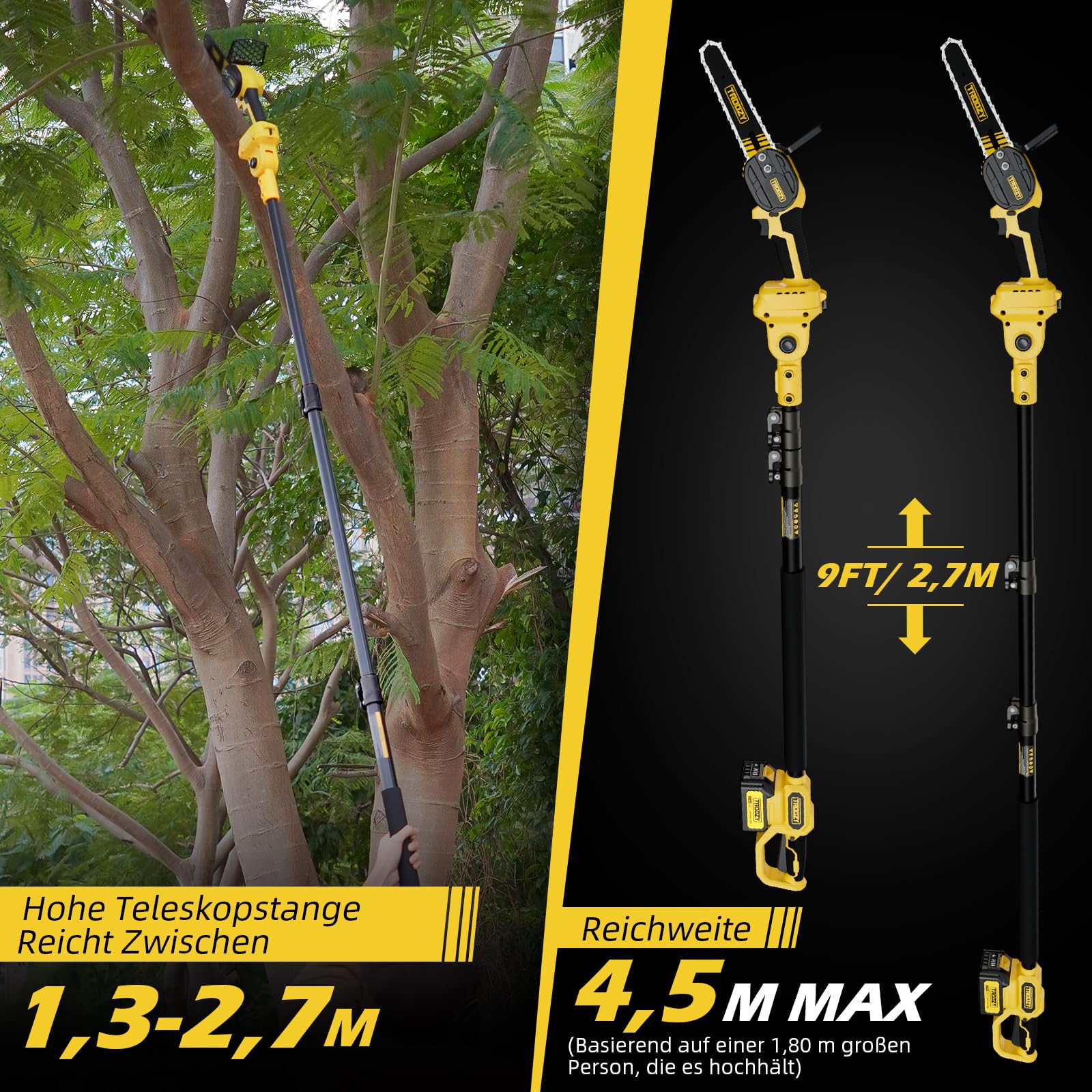 Mini Motosierra Bateria 2-EN-1 Podadora Telescopica, Brushless, Podadora de Altura Electrica con batería 3000mAh hasta 100min, Sierra Electrica Podar Arboles (6inch, 21V, hasta 4.57m)