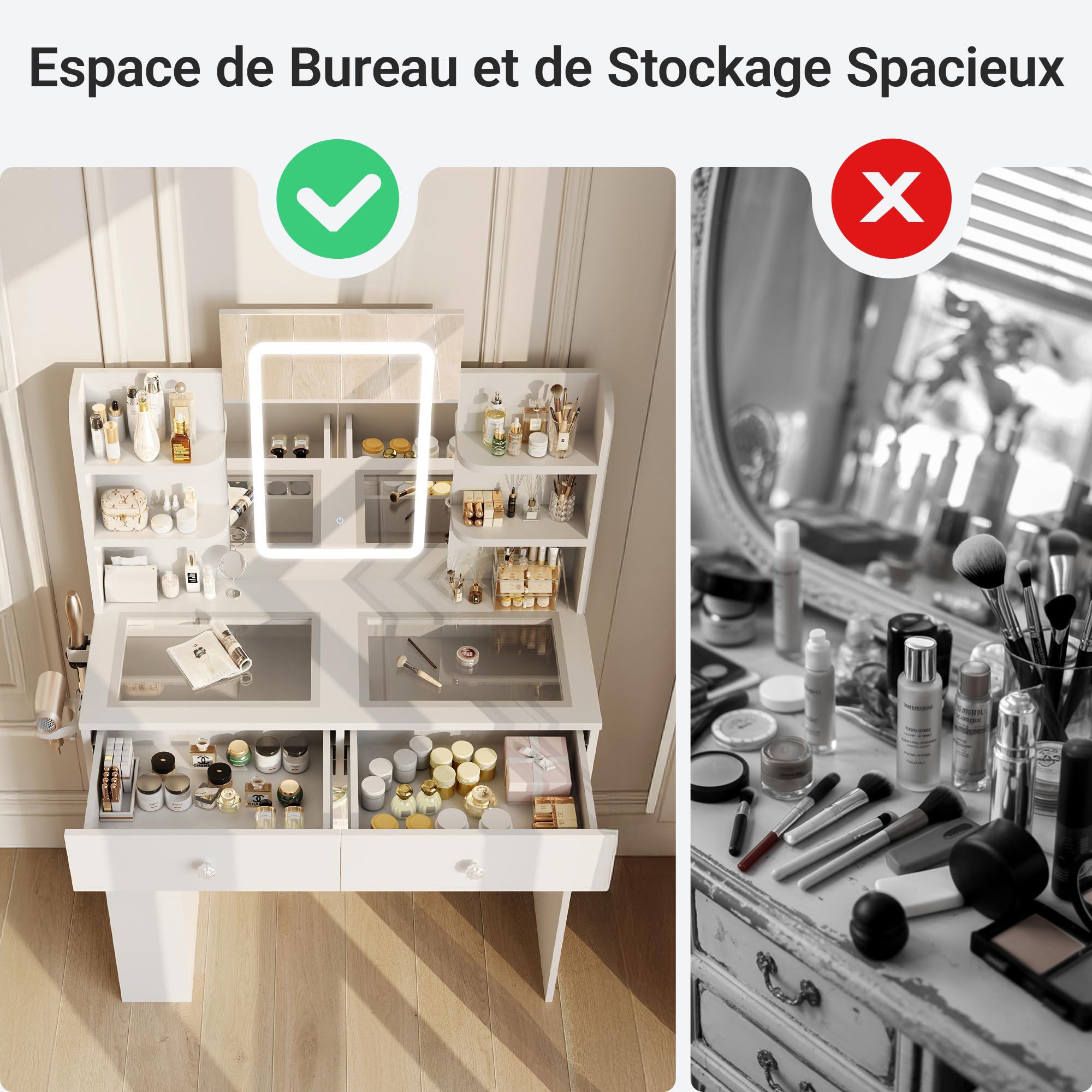Claiks Coiffeuse avec Miroir éclairé par LED, 90 x 40 x 125 cm, Luminosité Réglable et 3 Couleurs de Lumière, Coiffeuse avec Plateau en Verre Transparent, 2 Tiroirs et 4 étagères de Rangement, Blanc