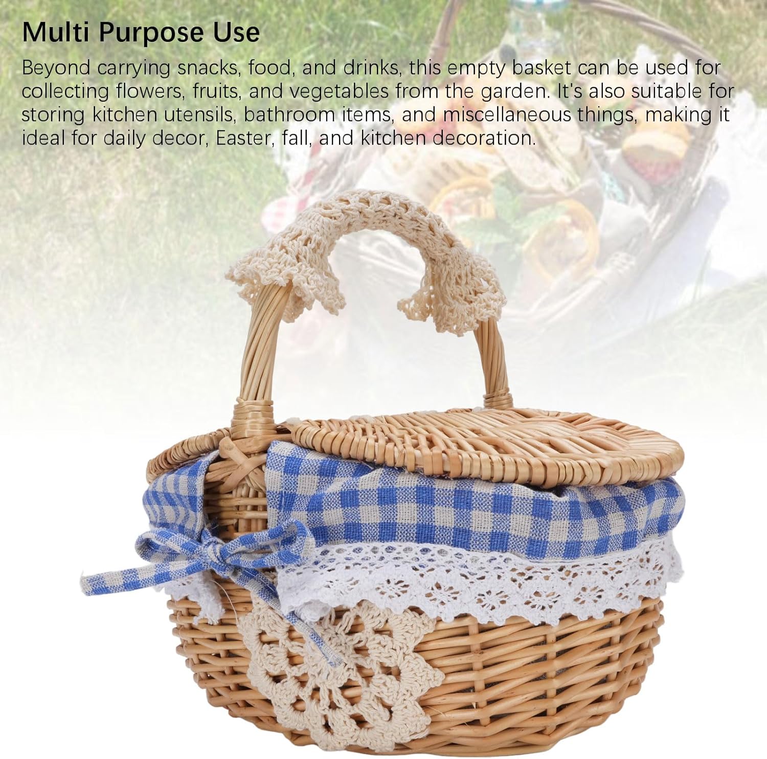 Wicker Picnic Basket with Removable Liner, Dual Opening Lid, Large Capacity Empty Picnic Hamper Basket for Family Gatherings (Blue Plaid) - Image 3