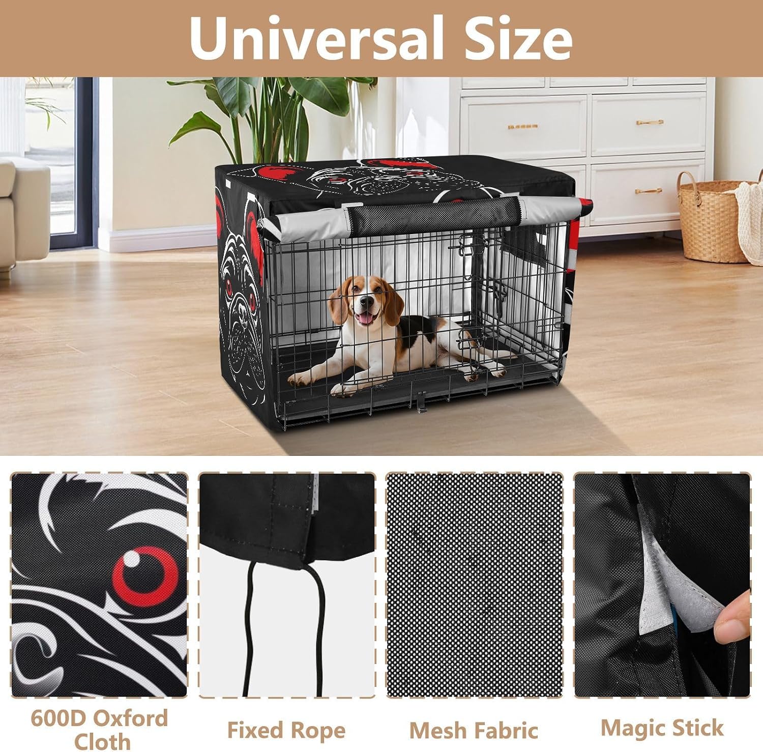 Black Bulldog Funny Dog Crate Cover S-XL Breathable Pet Kennel Cover with Mesh Windows, Reduces Barking, X-Large