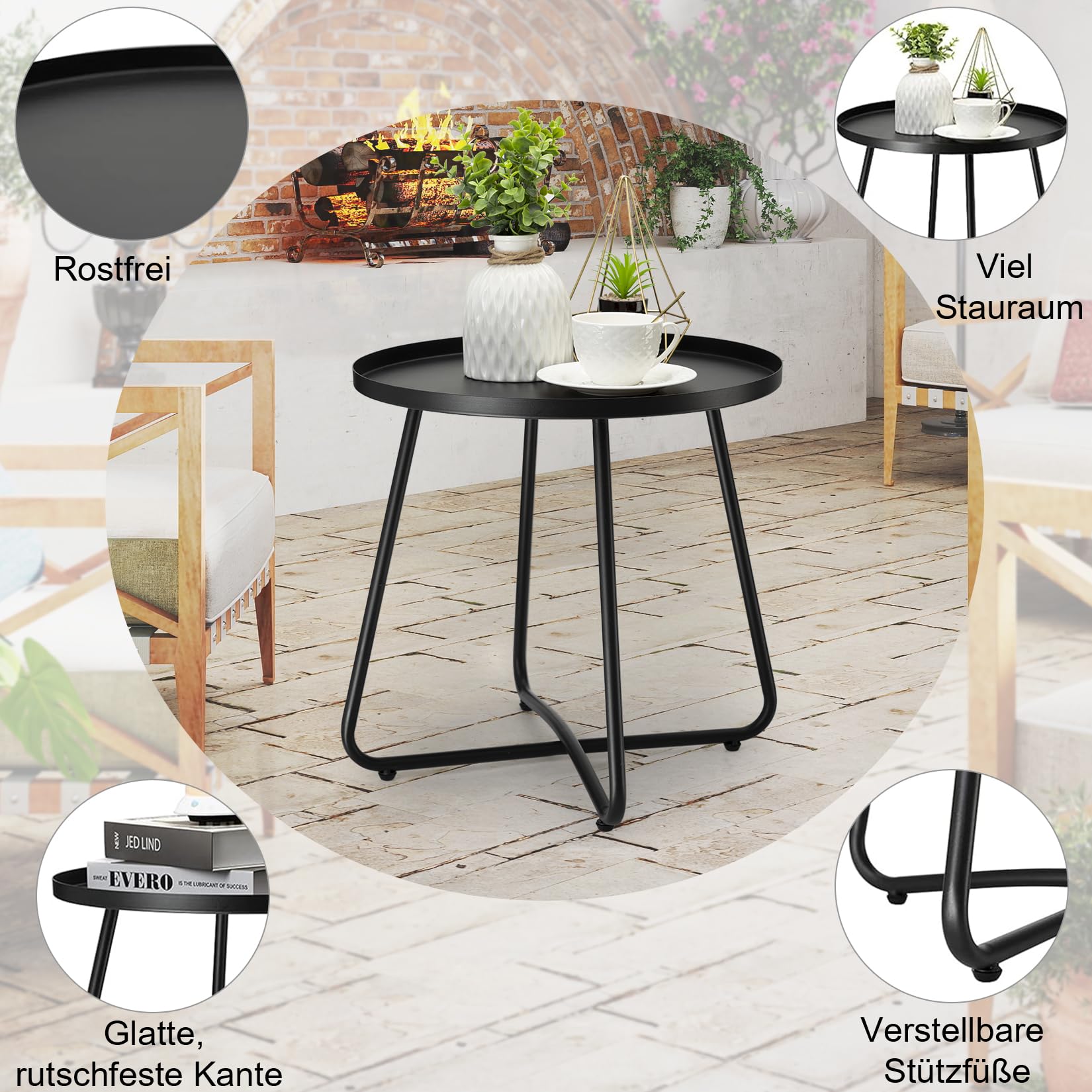 danpinera Outdoor Side Table, balkontisch mit rutschfesten Kanten, gartentisch klein, beistelltisch Outdoor für Terrasse, Hof, Balkon, Garten, wetterfestes Material, Schwarz