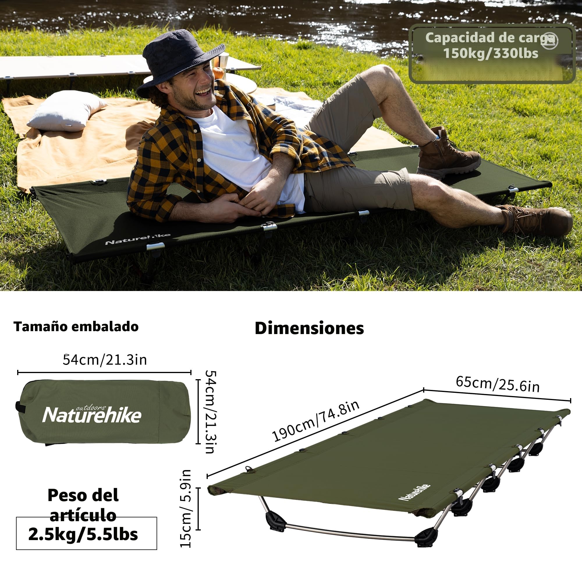 Naturehike Cama Plegable Compacta de Camping Portátil Ultraligera Fuerte y Resistente.Cómoda para Adultos y Niños.Acampar,Colchón de Aire,Viajes,Oficina,soporta hasta 150 kg.