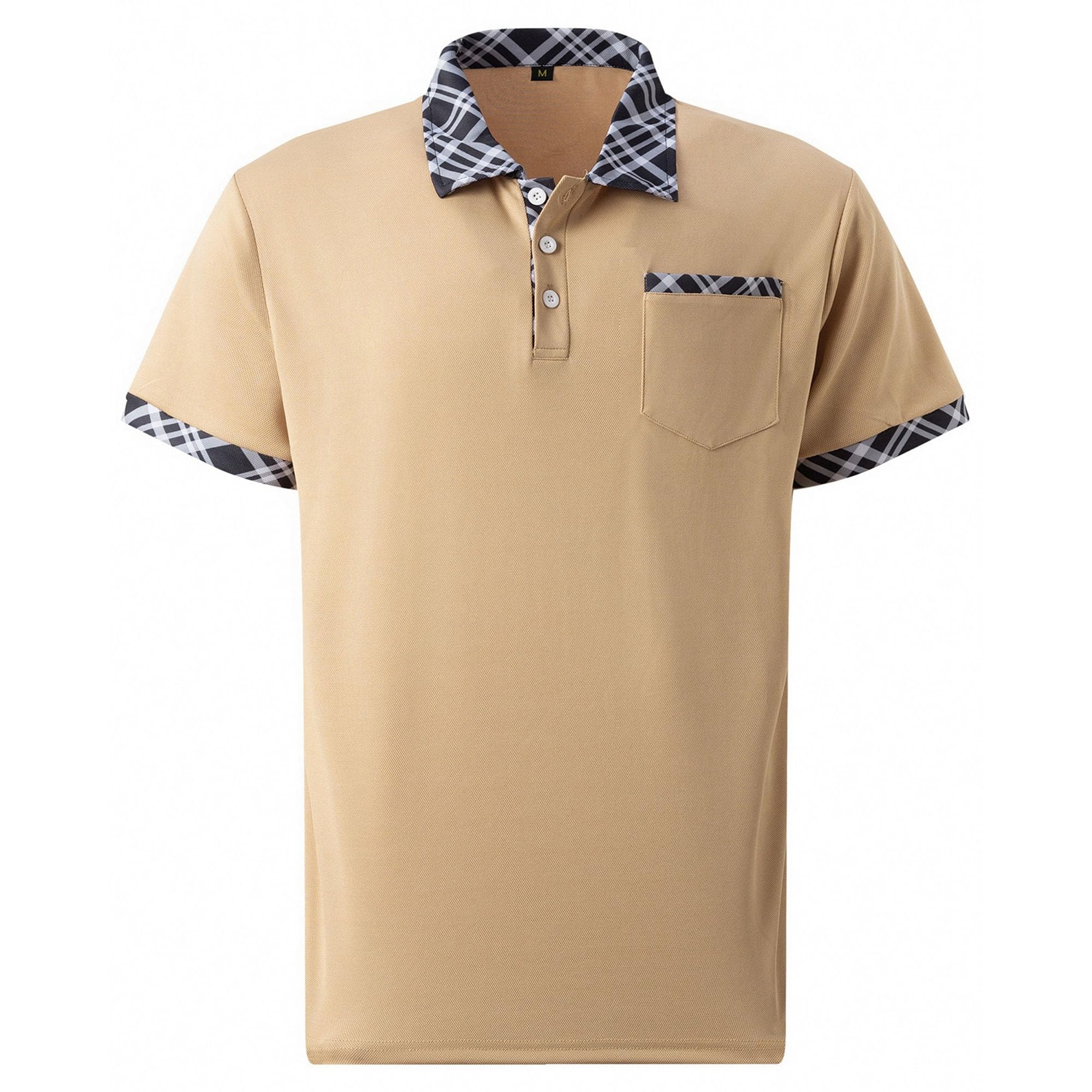 Men Chest Pocket Lapel Polo Shirt Quarter Button Color Matching T-Shirt Summer Casual Business Pullover Tops (Khaki,X-Large)