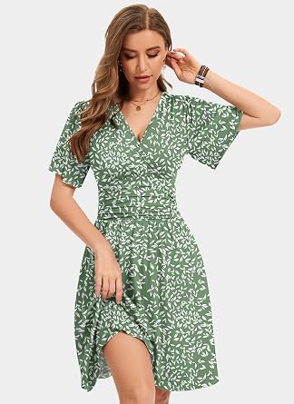 WNEEDU Womens Summer Dresses Wrap Waist V Neck Elegant