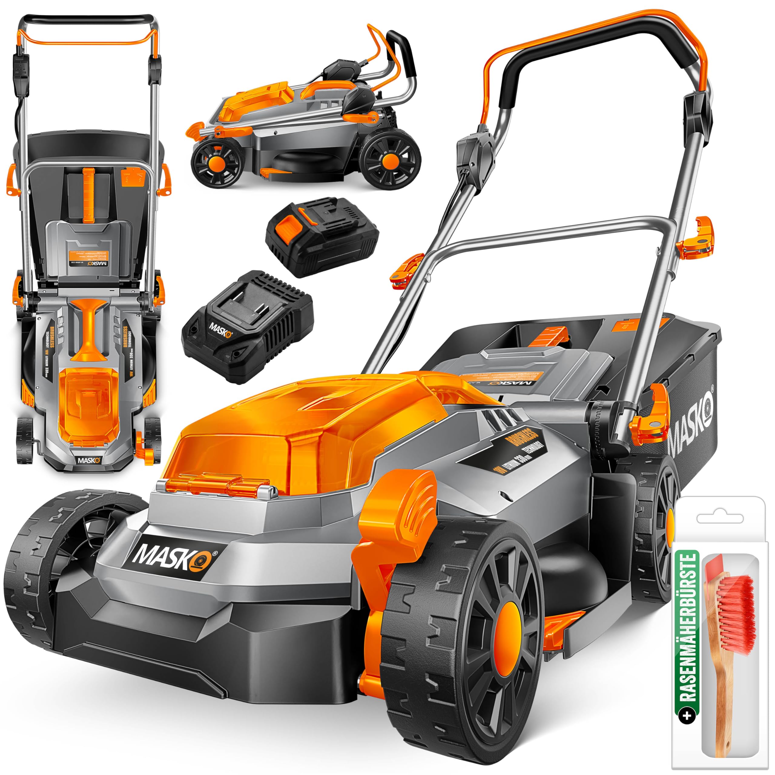MASKO® Akku Rasenmäher mit Mulchfunktion, Akku Li-Ion Batterie 4Ah & Ladegerät Rasentrimmer 33cm Schnitt-Breite 5X Höhenverstellbar 30L Fangkorb Flächen bis 150m² inkl. Handschuhe & Bürste