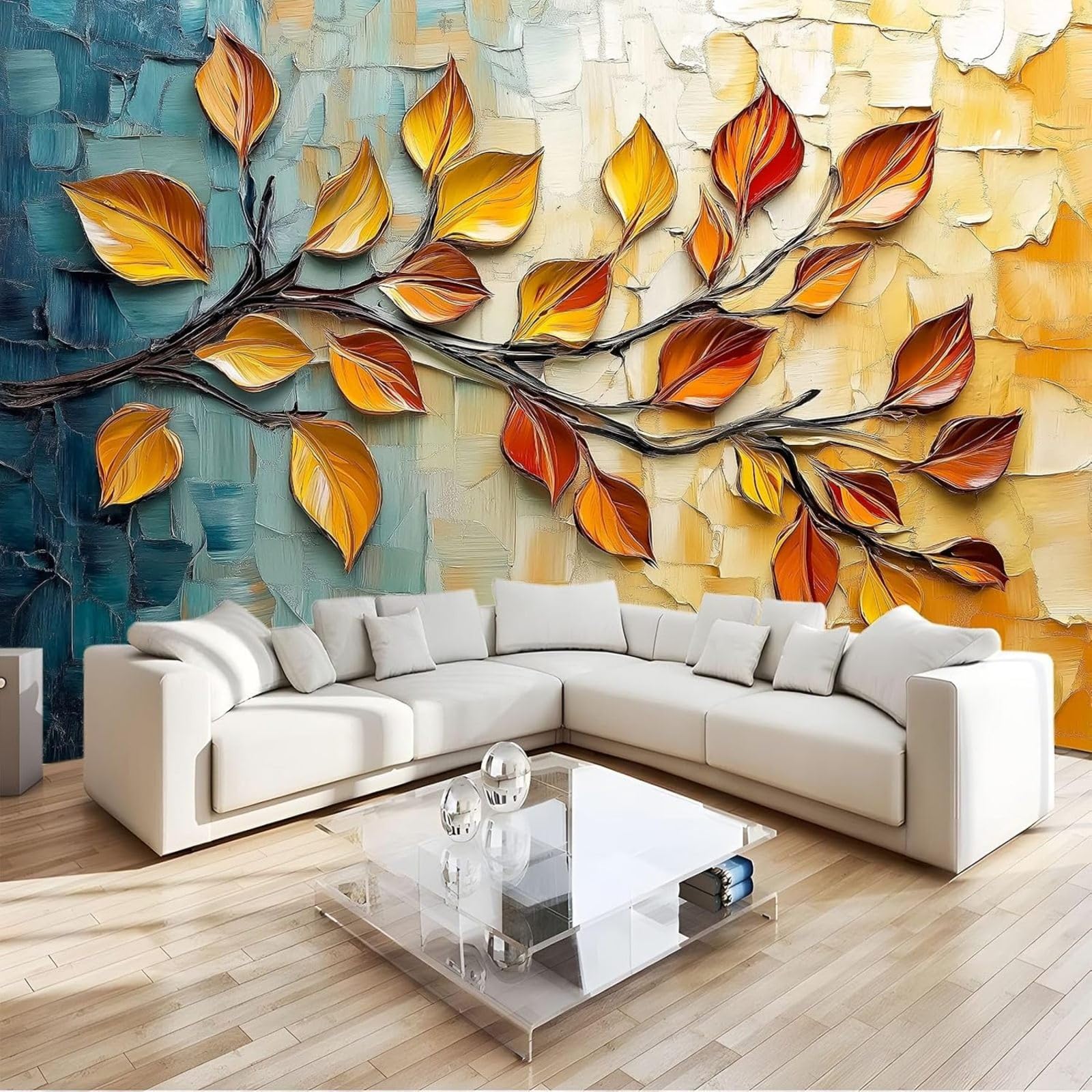 Kfjhgbdshhj 3D Mural Photo Wallpaper Oil Painting Autumn Leaves Wallpaper Modern Wall Mural Living Room Bedroom Wall Art Wall, Orange Color, 300Cm X 210Cm