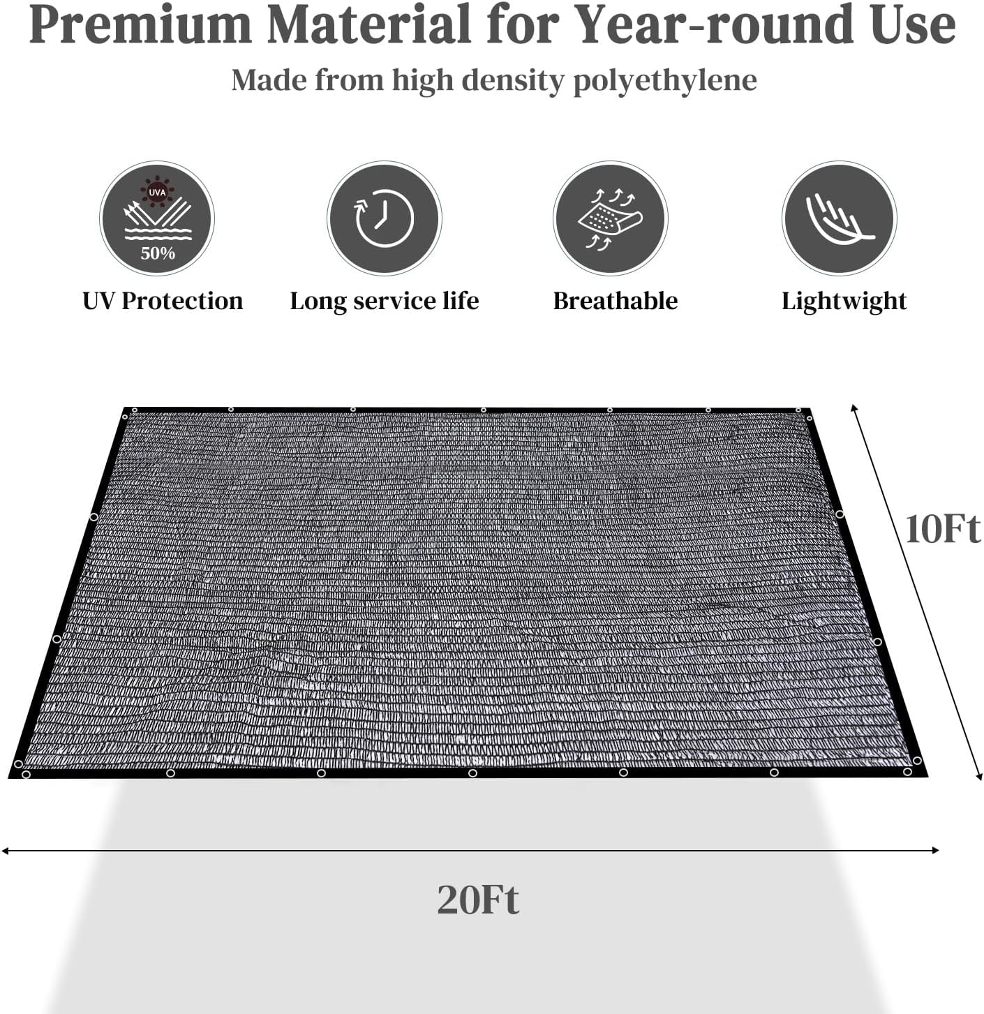 50% Shade Cloth for Garden, 10 x 20 FT Sun Shade Mesh Tarp with Reinforced Grommets, Durable HDPE Material Outdoor Shade Cloth for Plants, Greenhouse, Pergola and Backyard Patio Sunshade