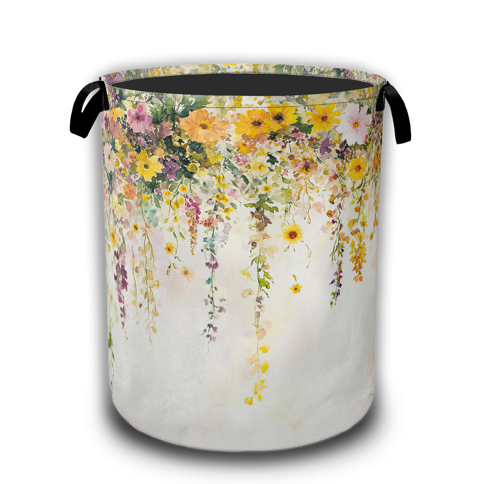 Colorful Flowers Laundry Basket,Watercolor Plants Laundry Hamper Waterproof Oxford Cloth Tote Collapsible,Clothes Storage Bucket Decorative Toy Organizer For Bathroom Bedroom 16" x 20.8"