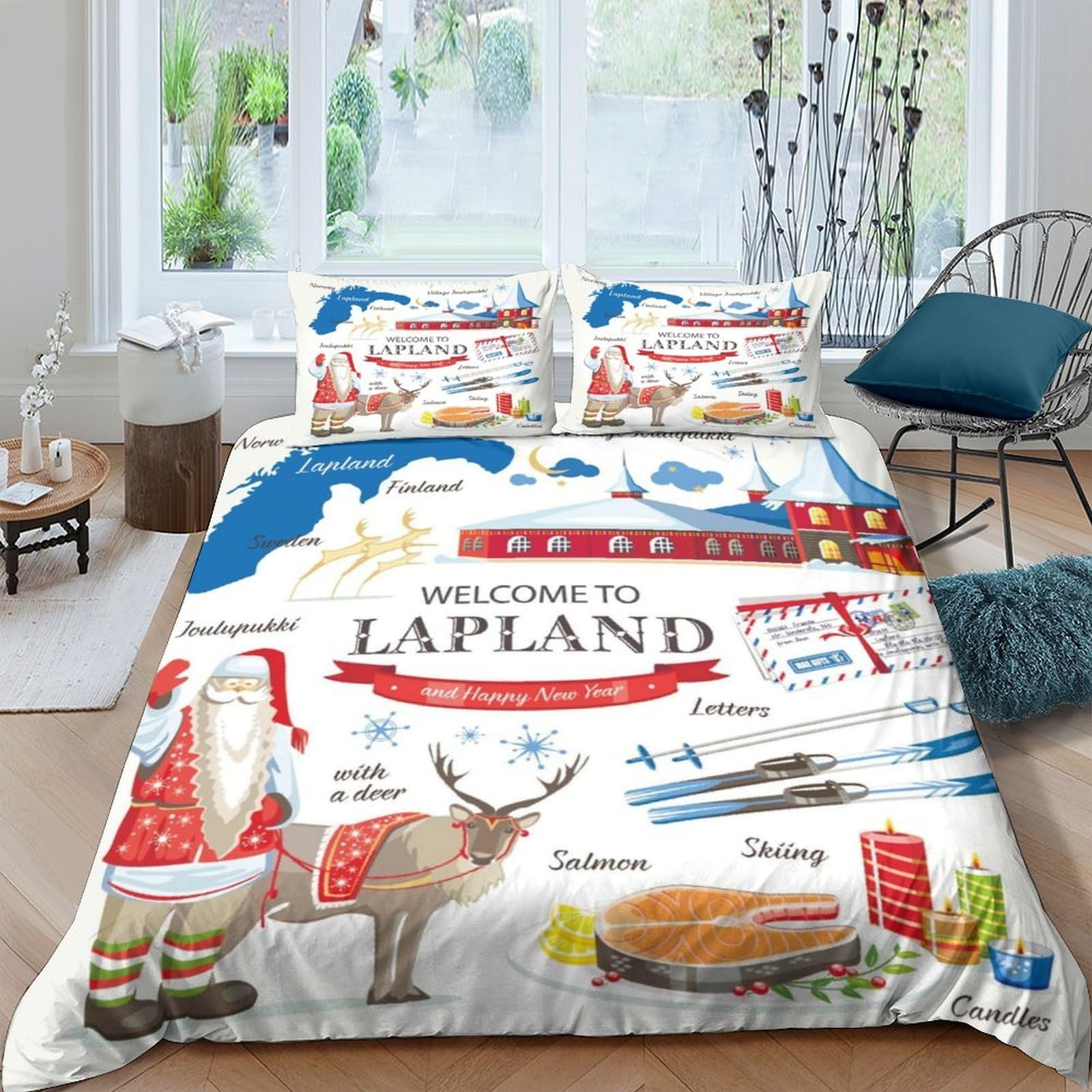 Ctjqhvkz Style-5 3D Printed Lapland Christmas Fitted Sheet Microfiber Nordic Reindeer Bed Cover For Bedroom Guest Room Decor Protection Single（135X200cm）