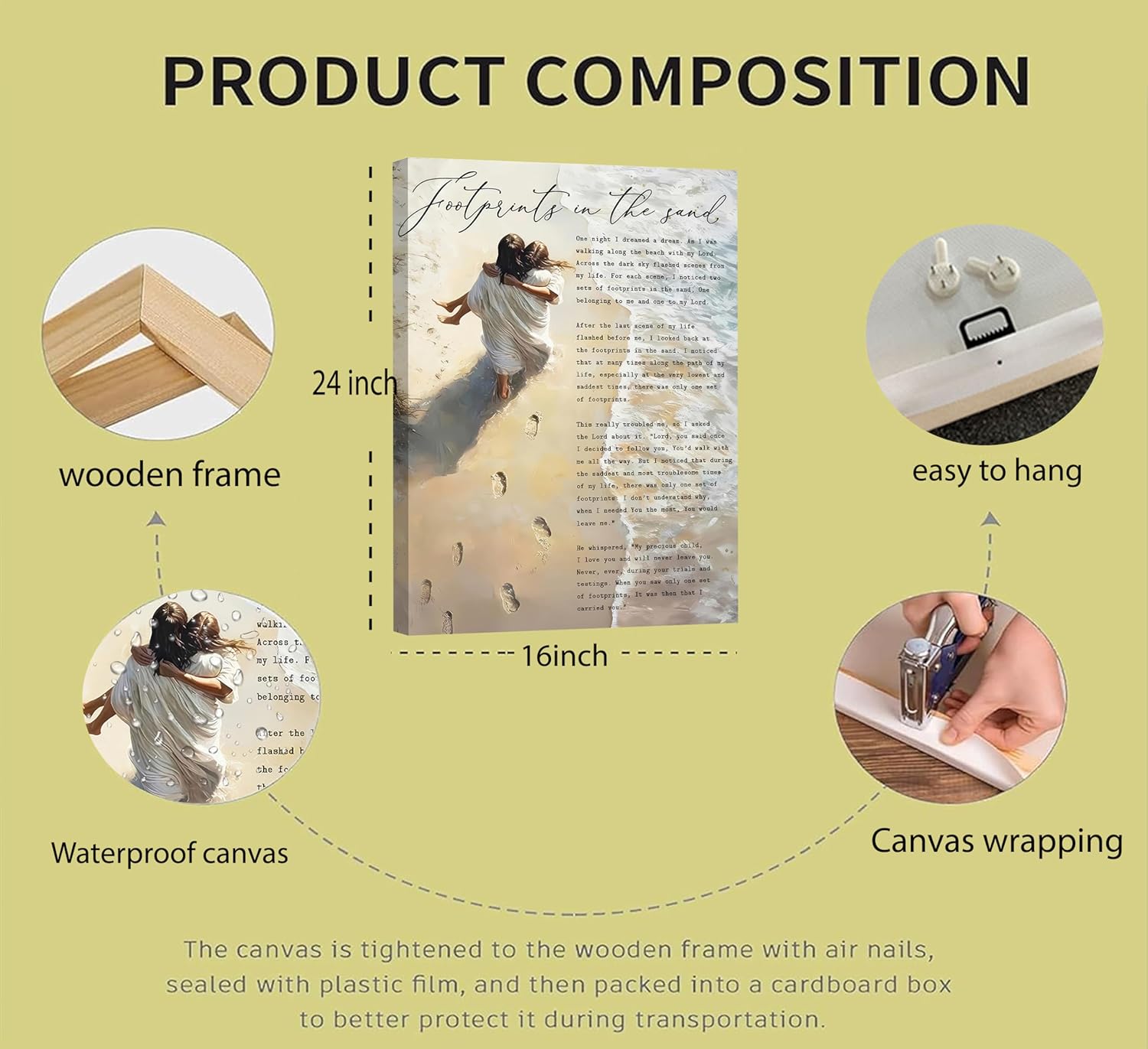 Footprints in the Sand Canvas Wall Art Chrisitan Inspirational Painting Picture Jesus Hugging Woman on Beach Poster Prints for Christian Women Living Room Bedroom Wall Decor 16x24in Framed