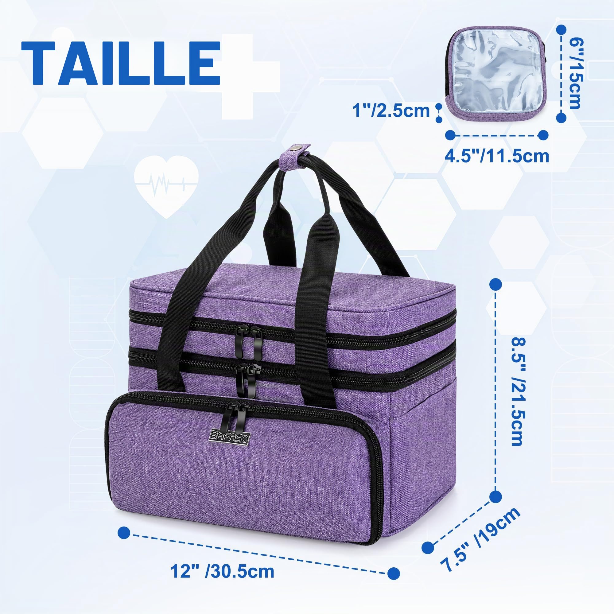 BAFASO Sac de Médecine Double Couche avec 2 Pochettes Transparentes Amovibles, Sac de rangement de Médicaments pour Les Voyages et I'usage Quotidien (Sac Seulement), Violet