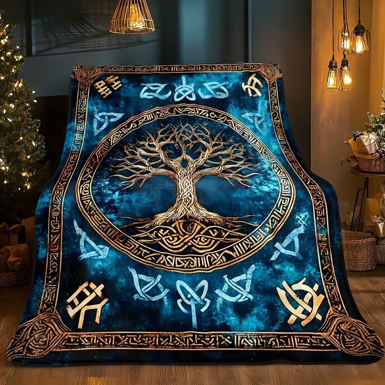 Plaid polaire flanelle Arbre de Vie nordique 150x200 cm couverture lit et canapé